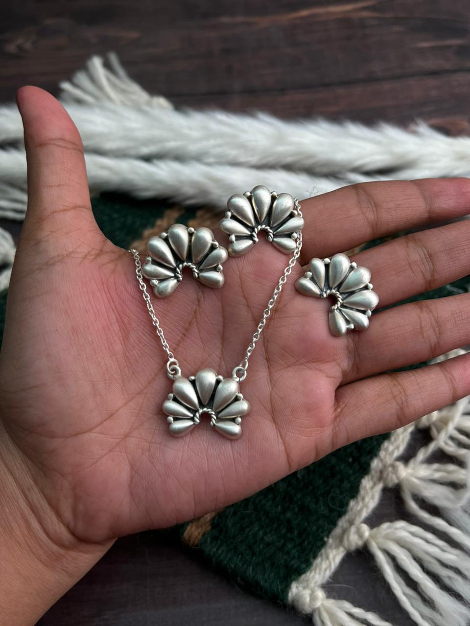 Handmade Sterling Silver Necklace Ring Earrings Set "Signed Nizhoni"
