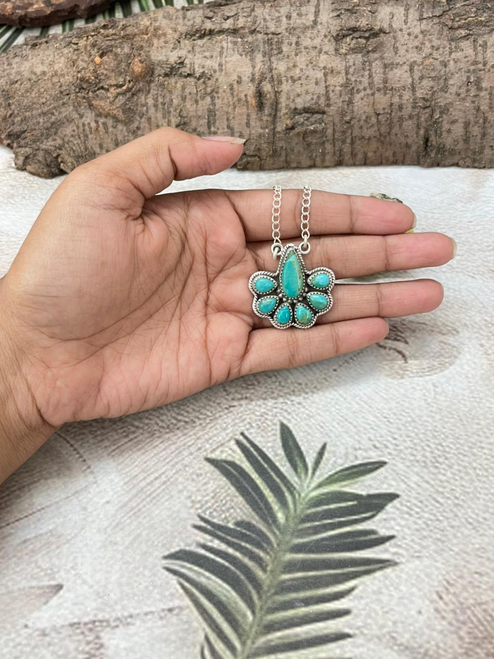 Handmade Sterling Silver Kingman Turquoise Necklace with Signed Nizhoni