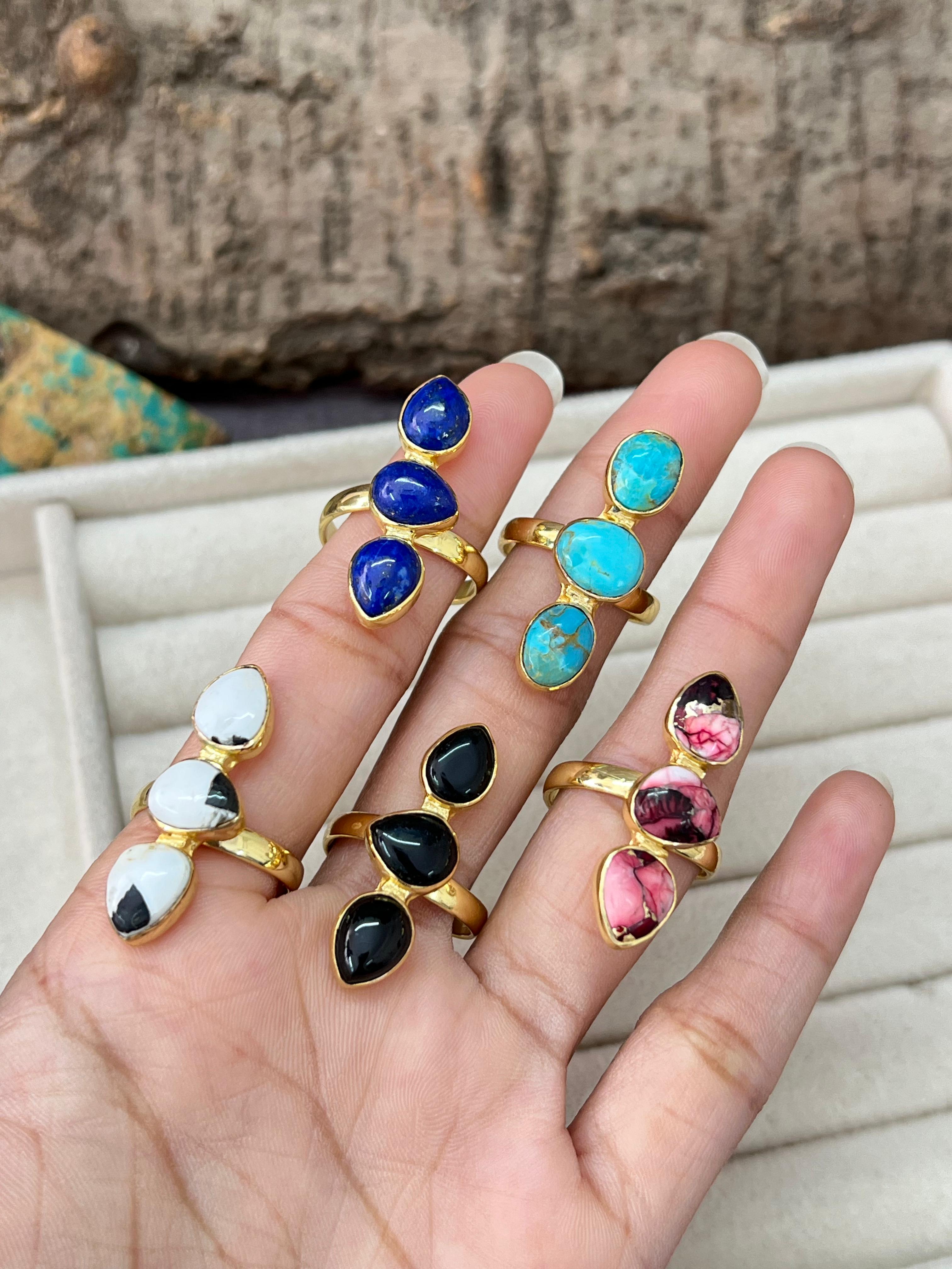 “The Golden Collection” Natural Multi Stone Adjustable 3 Stone Ring