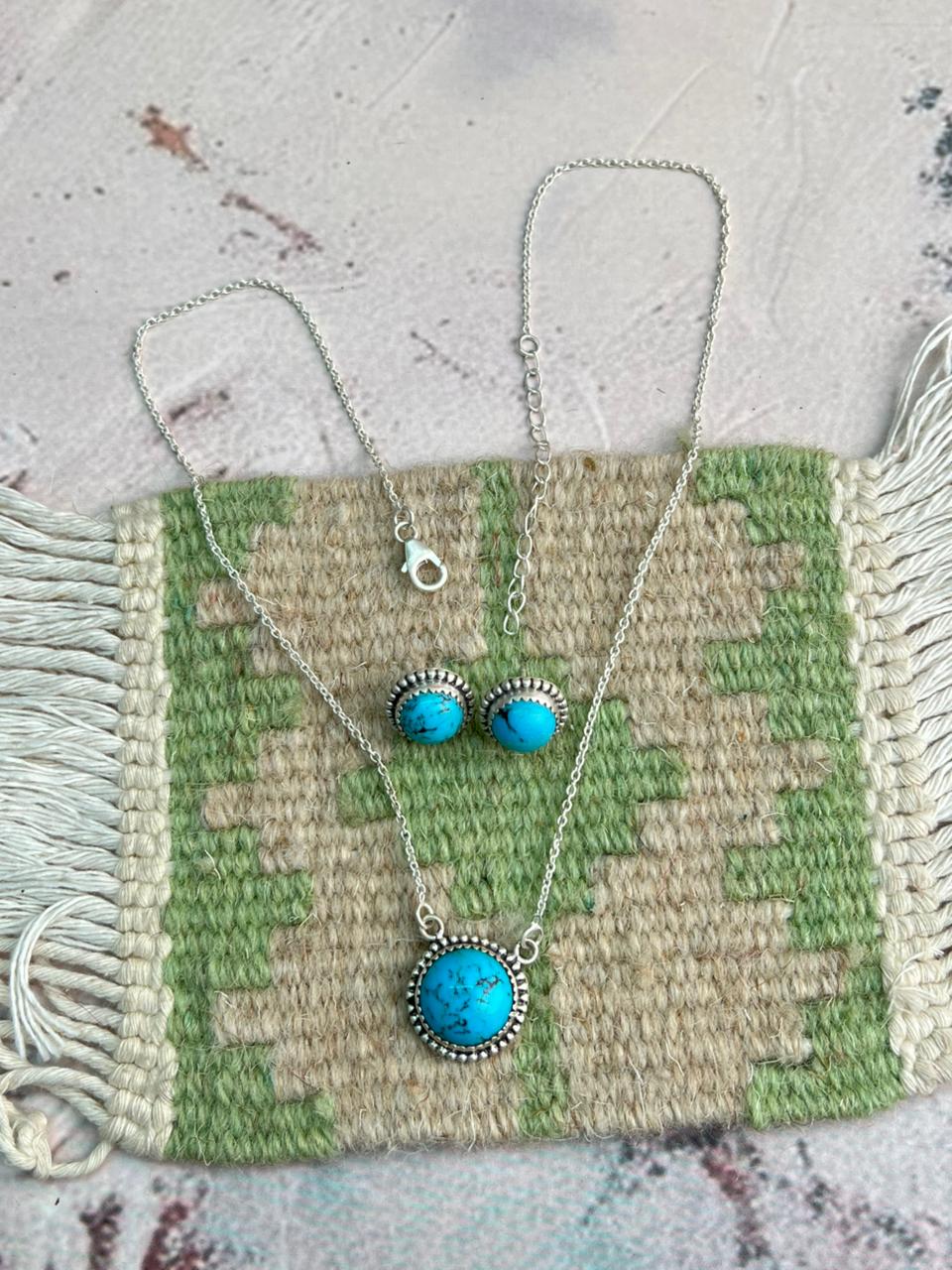Handmade Sterling Silver Arizona Turquoise Necklace Earrings Set "Signed Nizhoni"
