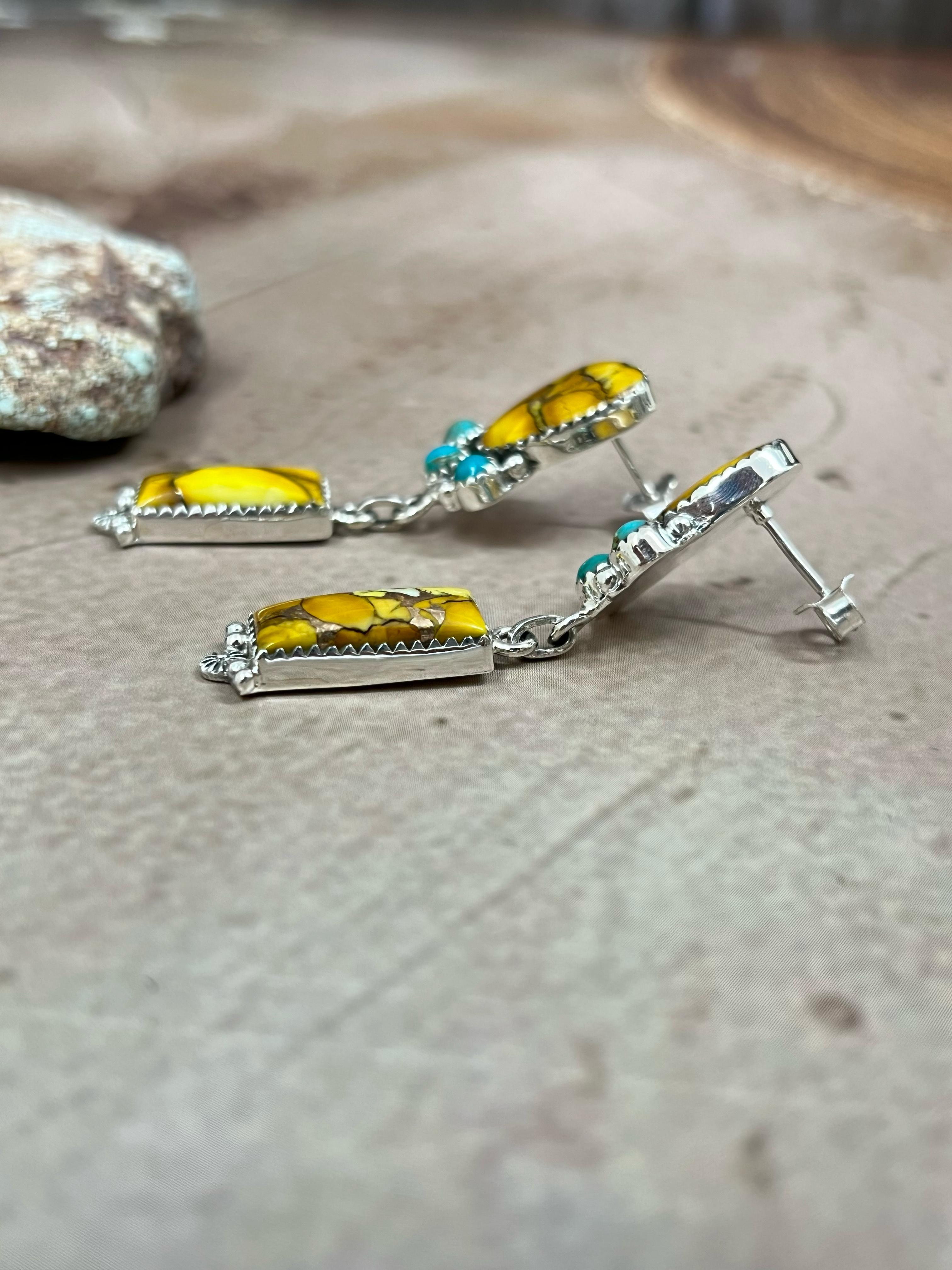 Handmade Sterling Silver Honey Dahlia with Kingman Turquoise Post Earrings, Signed Nizhoni