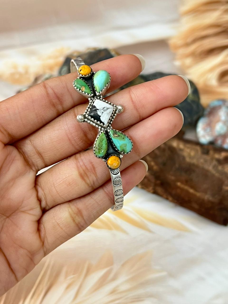 Handmade Sterling Silver Spring Collection: Bumblebee with Sonoran and White Buffalo Bracelet "Signed Nizhoni"