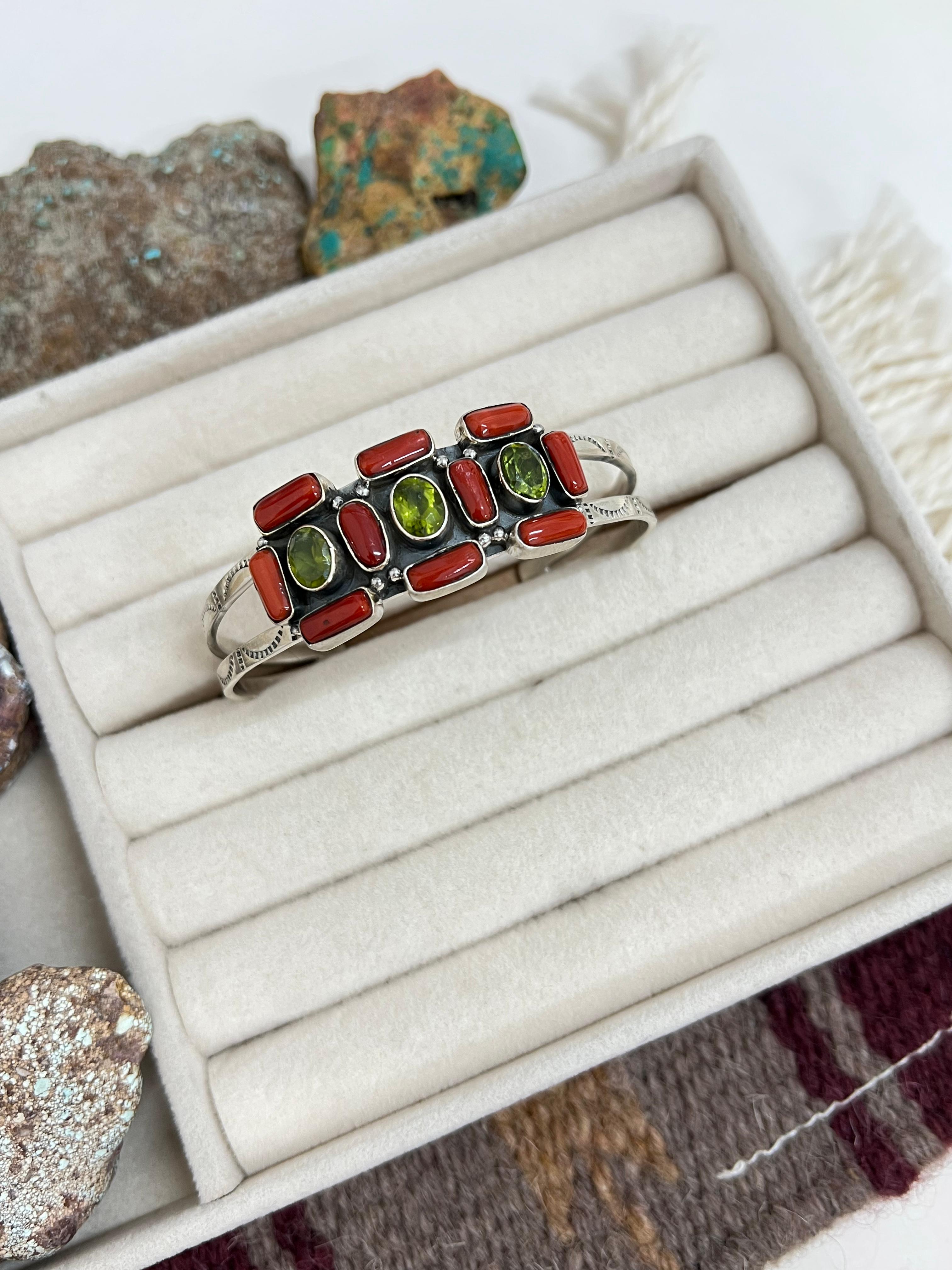 Christmas Collection Handmade Sterling Silver Coral with Peridot Bracelet with Signed Nizhoni