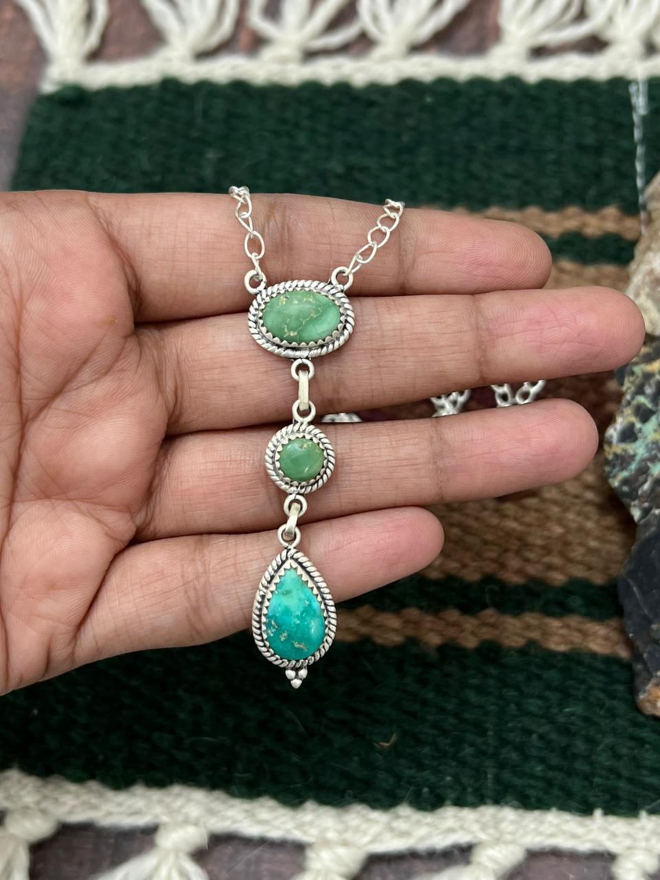 Handmade Sterling Silver Emerald Valley Turquoise Necklace "Signed Nizhoni"