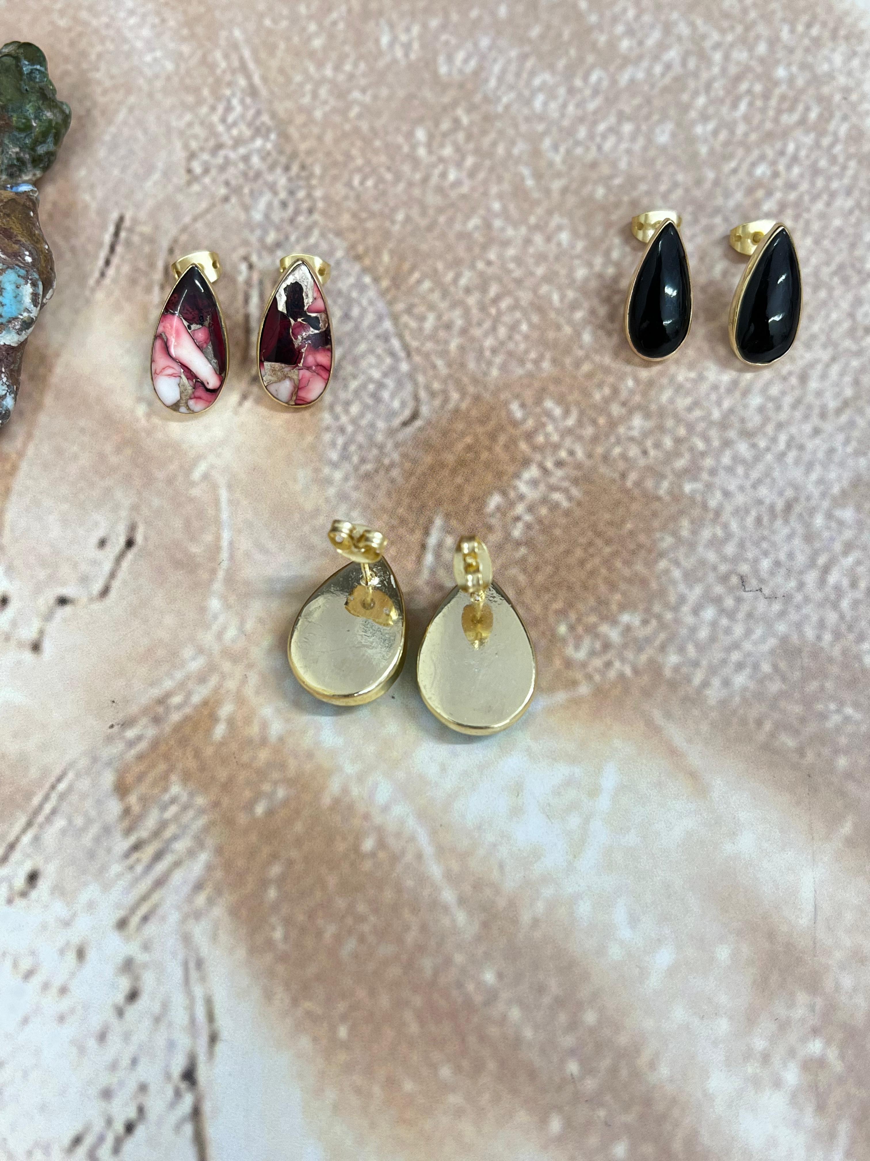 “The Golden Collection” Handmade Natural Black Onyx, Dahlia Rose, Peacock Dahlia Post Earrings