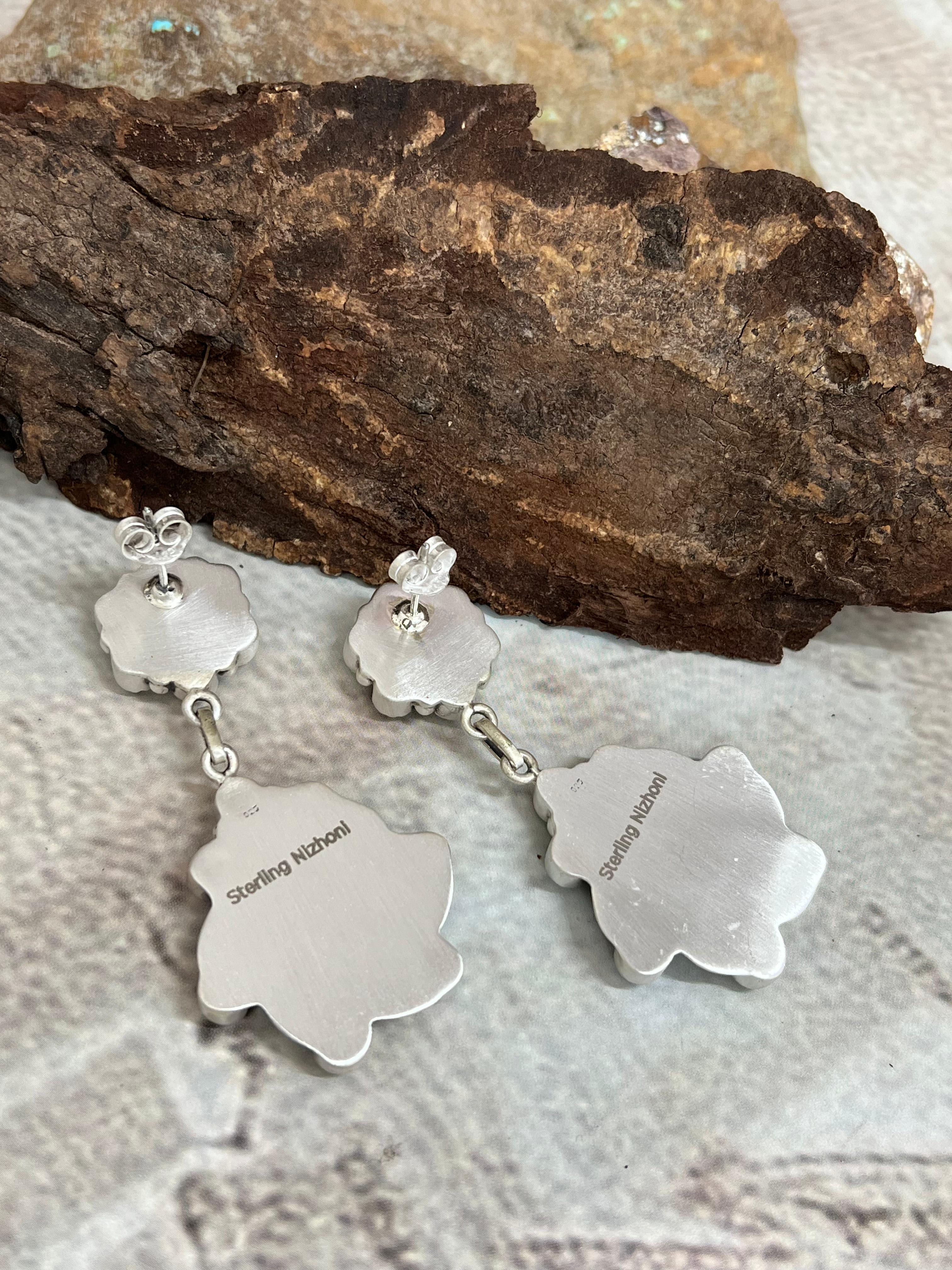 Handmade Sterling Silver Kingman Turquoise Post Dangle Earrings with Signed Nizhoni