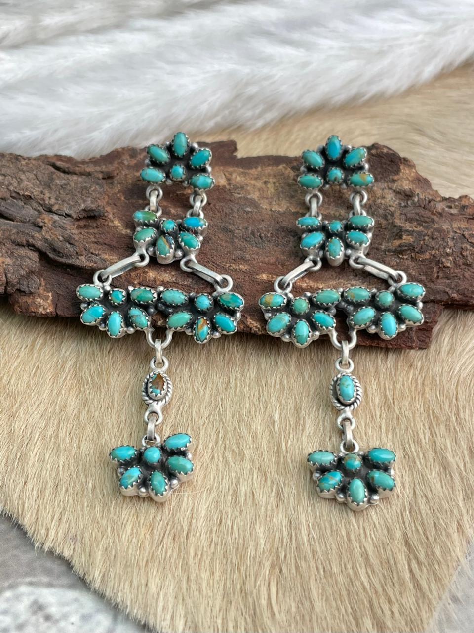 Handmade Sterling Silver Kingman Turquoise Post Dangle Earrings "Signed Nizhoni"