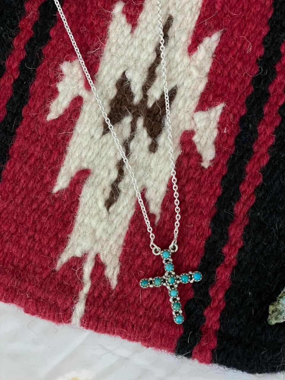 Handmade Sterling Silver Kingman Turquoise Cross Necklace "Signed Nizhoni"