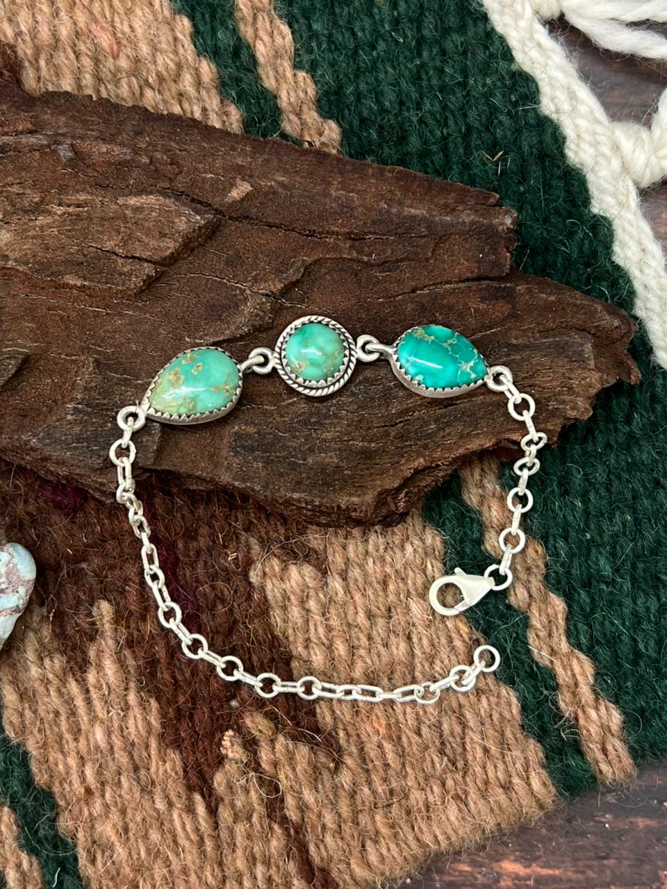 Handmade Sterling Silver Emerald Valley Turquoise Chain Bracelet "Signed Nizhoni"