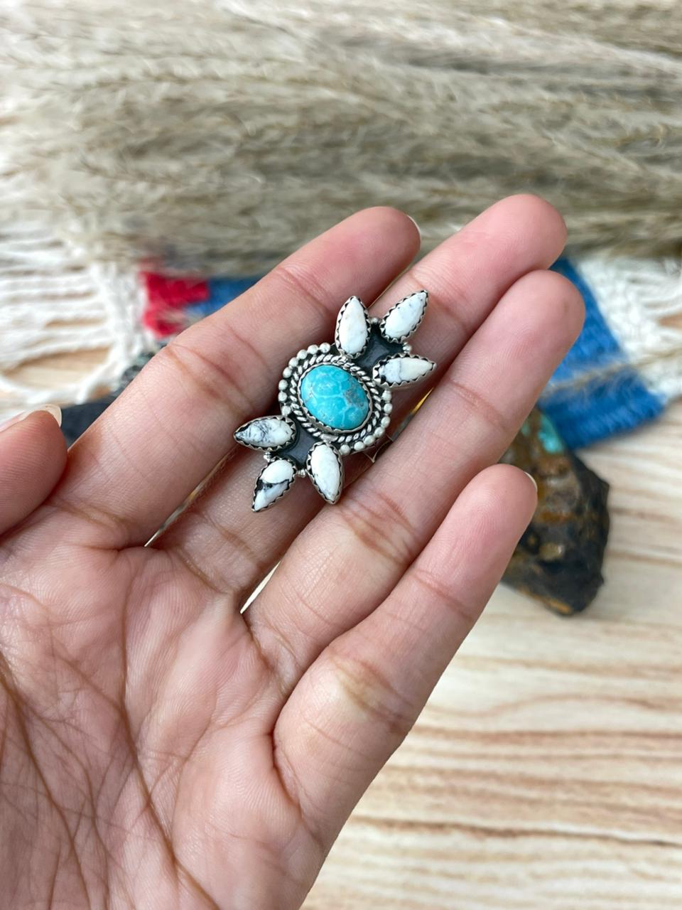 Handmade Sterling Silver White Water with White Buffalo Adjustable Ring "Signed Nizhoni"