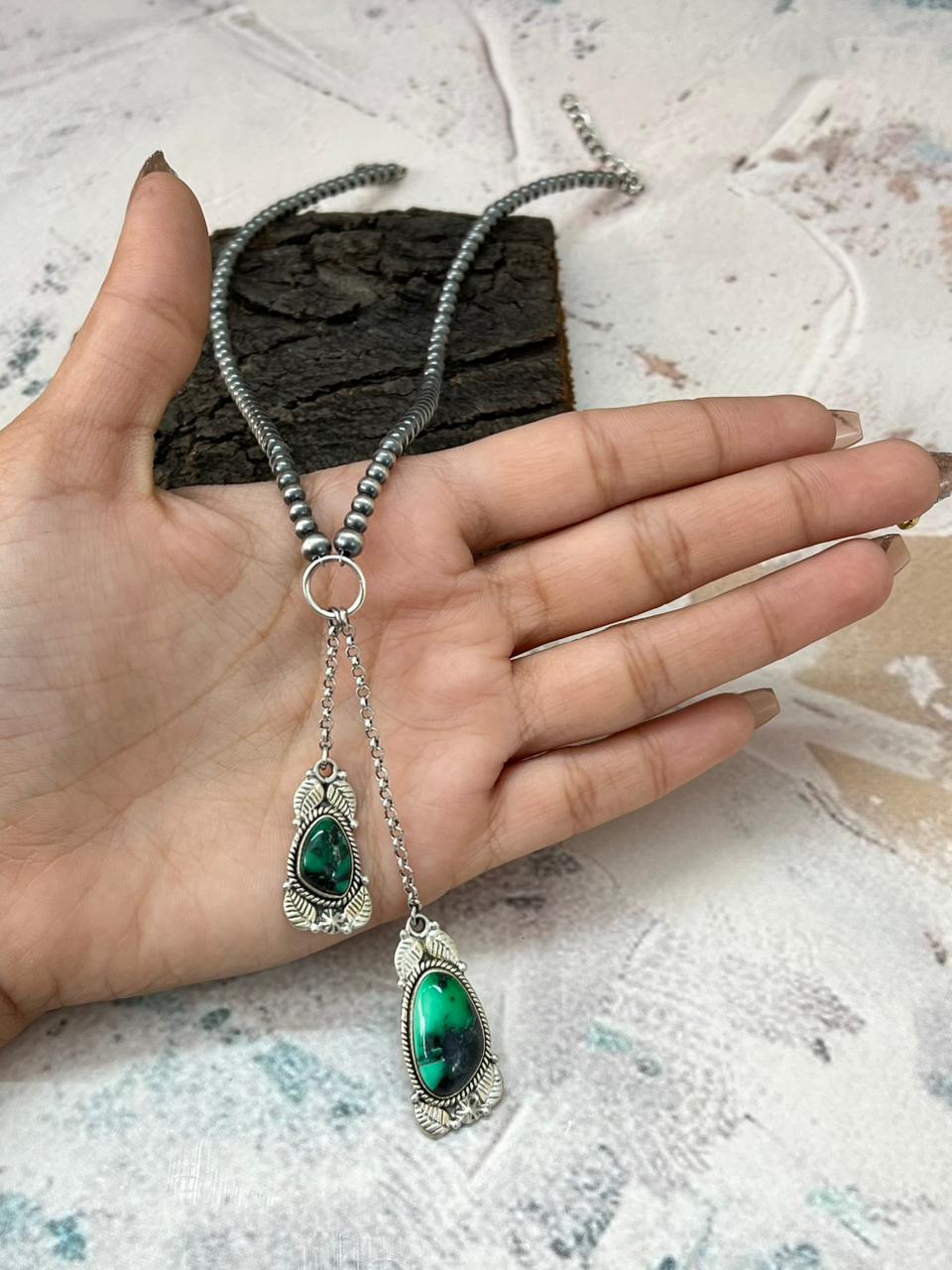 Handmade Sterling Silver Beaded Emerald Rose Necklace "Signed Nizhoni"