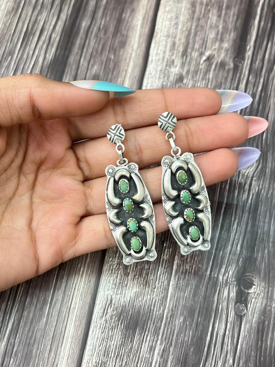 Handmade Sterling Silver Kingman Turquoise Post Dangle Earrings "Signed Nizhoni"