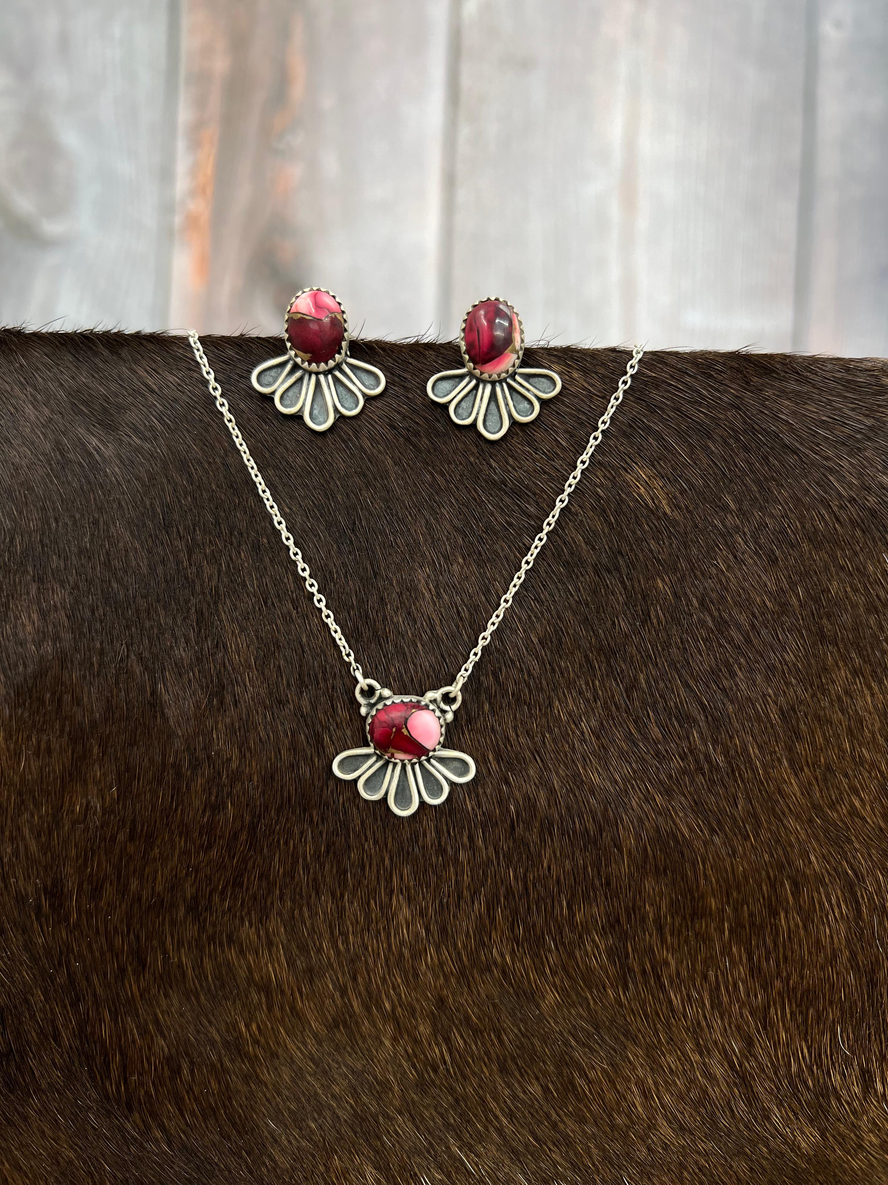 Handmade Sterling Silver Dahlia Rose Necklace Earrings Set, Signed Nizhoni