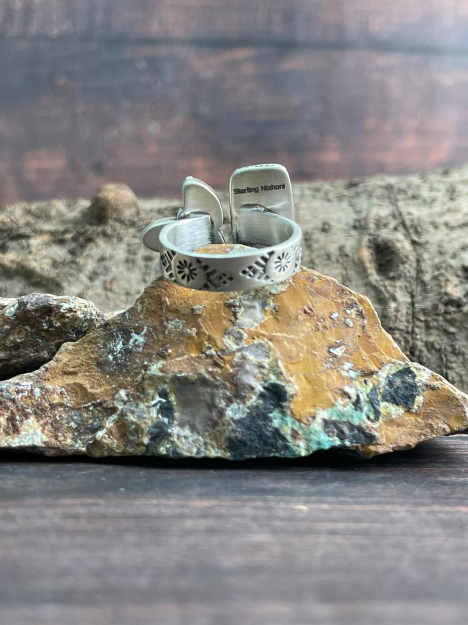 Handmade Sterling Silver Kingman Turquoise Adjustable Ring "Signed Nizhoni"