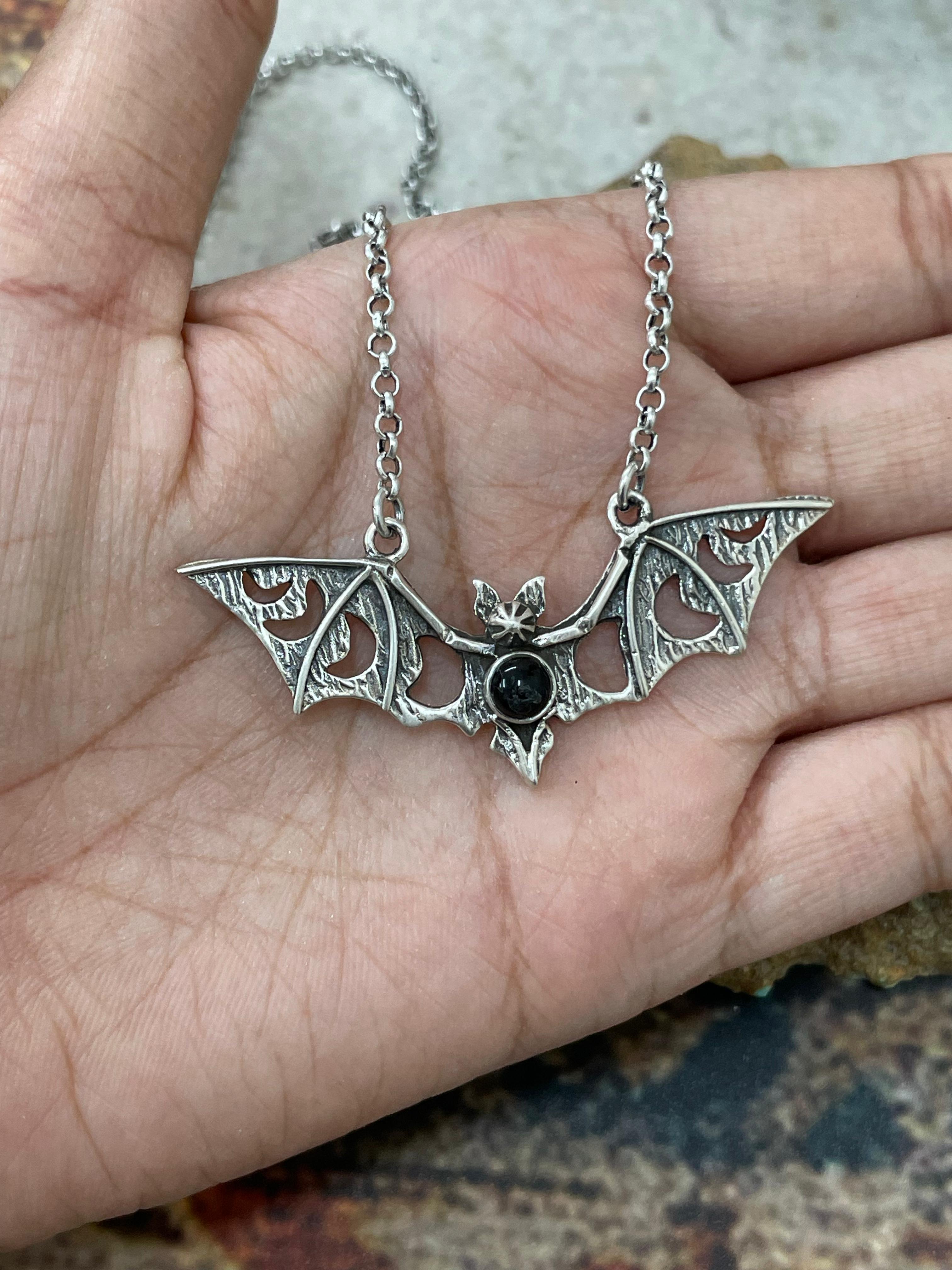 "Halloween Collection" Handmade Sterling Silver Black Onyx Bat Necklace with Signed Nizhoni