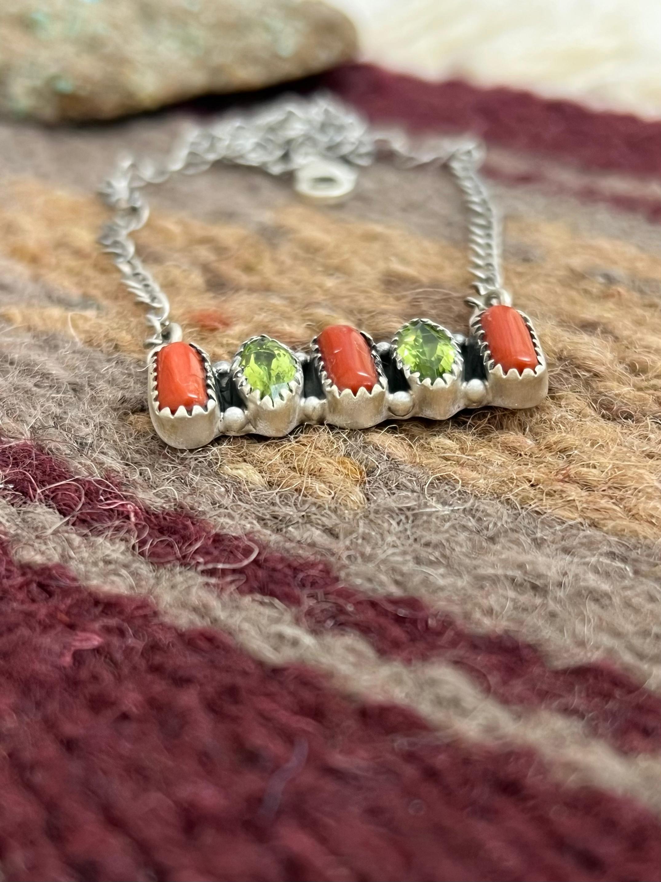 Christmas Collection Handmade Sterling Silver Coral with Peridot Bar Necklace with Signed Nizhoni