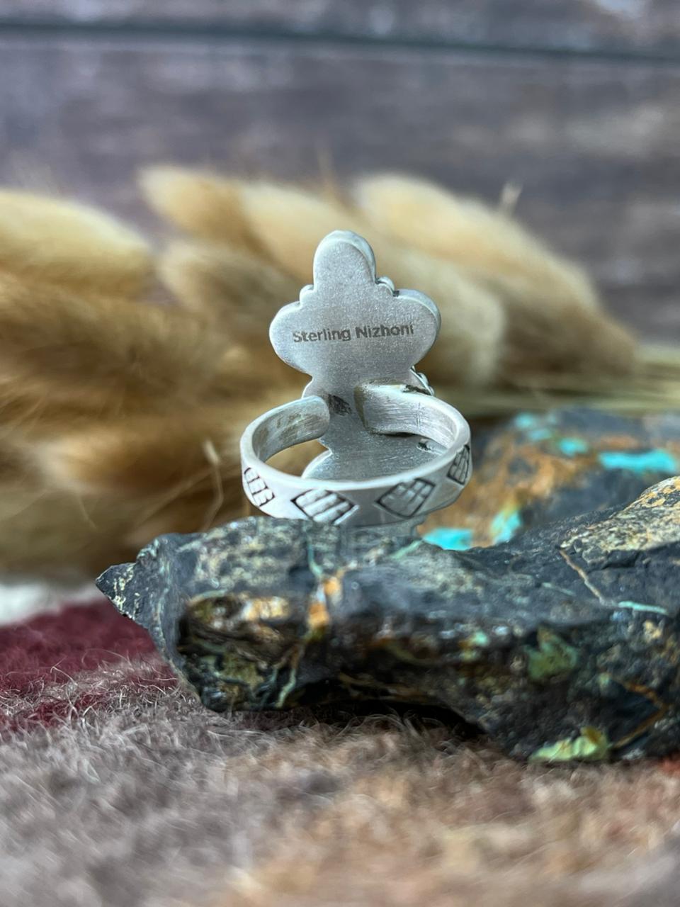 Handmade Sterling Silver Emerald Valley with Santa Maria Turquoise Adjusatble Ring "Signed Nizhoni"