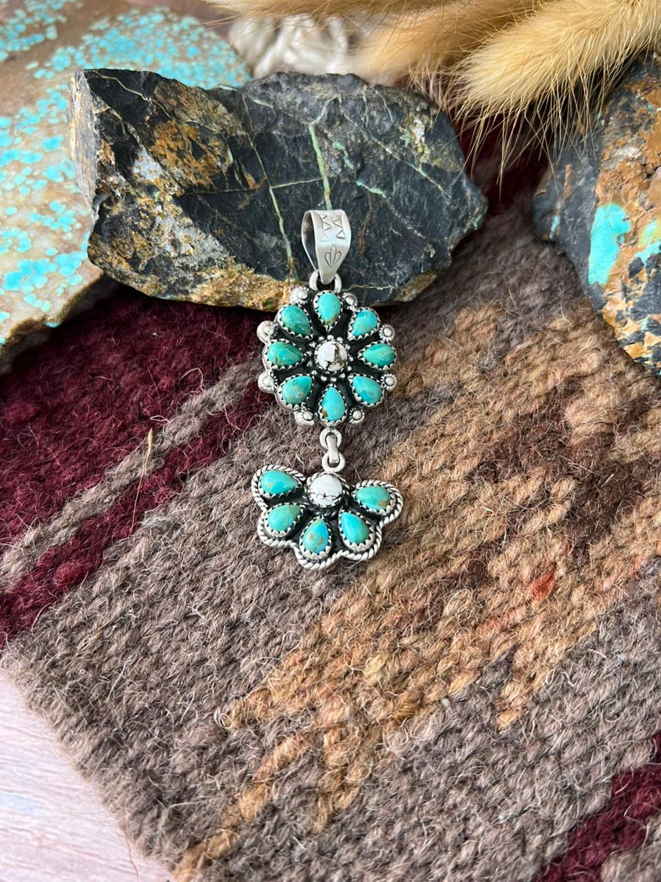 Handmade Sterling Silver Kingman Turquoise with Wildhorse Magnesite Pendant "Signed Nizhoni"