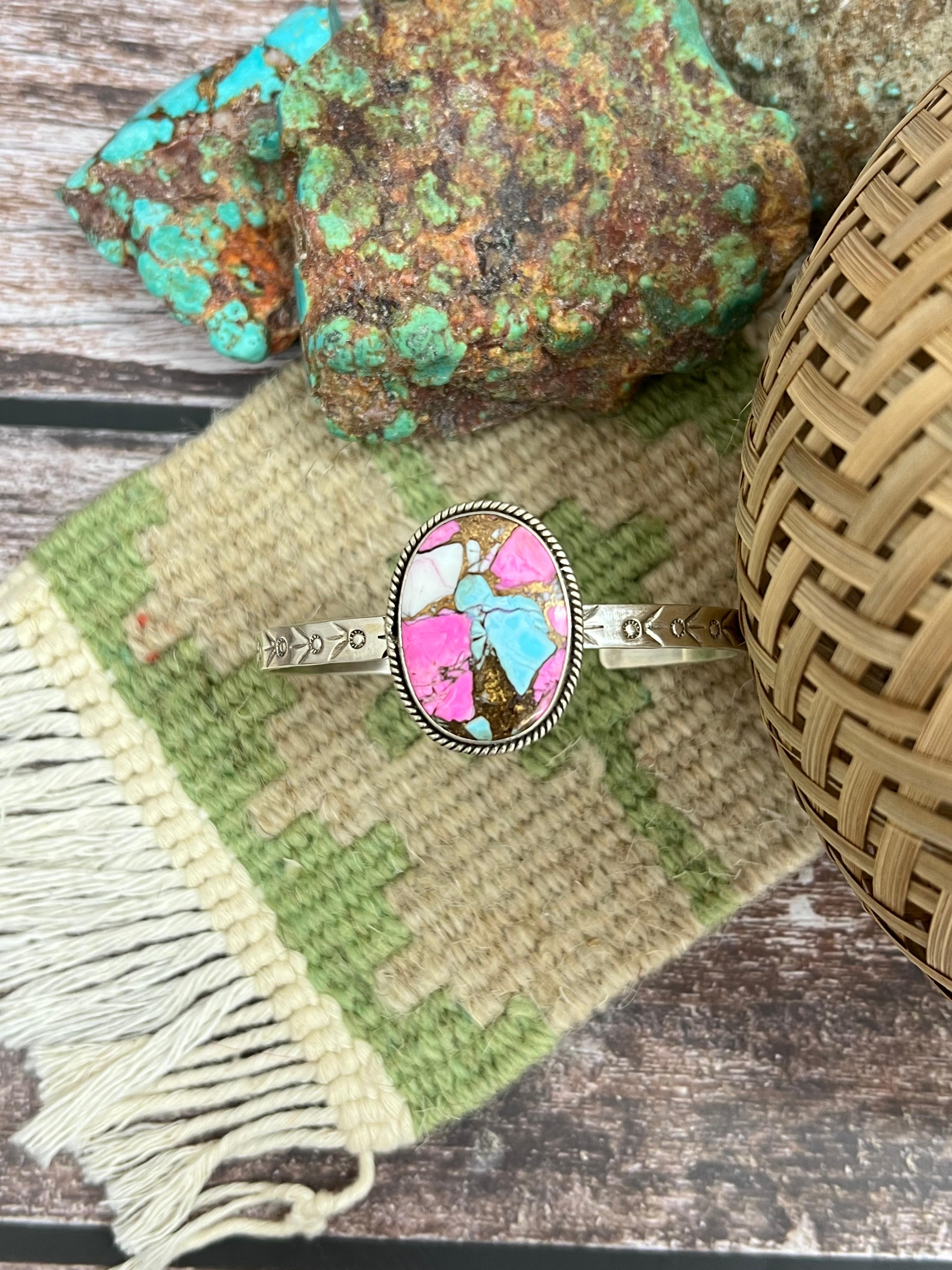 Handmade Sterling Silver Cotton Candy Turquoise Cuff Bracelet with Signed Nizhoni