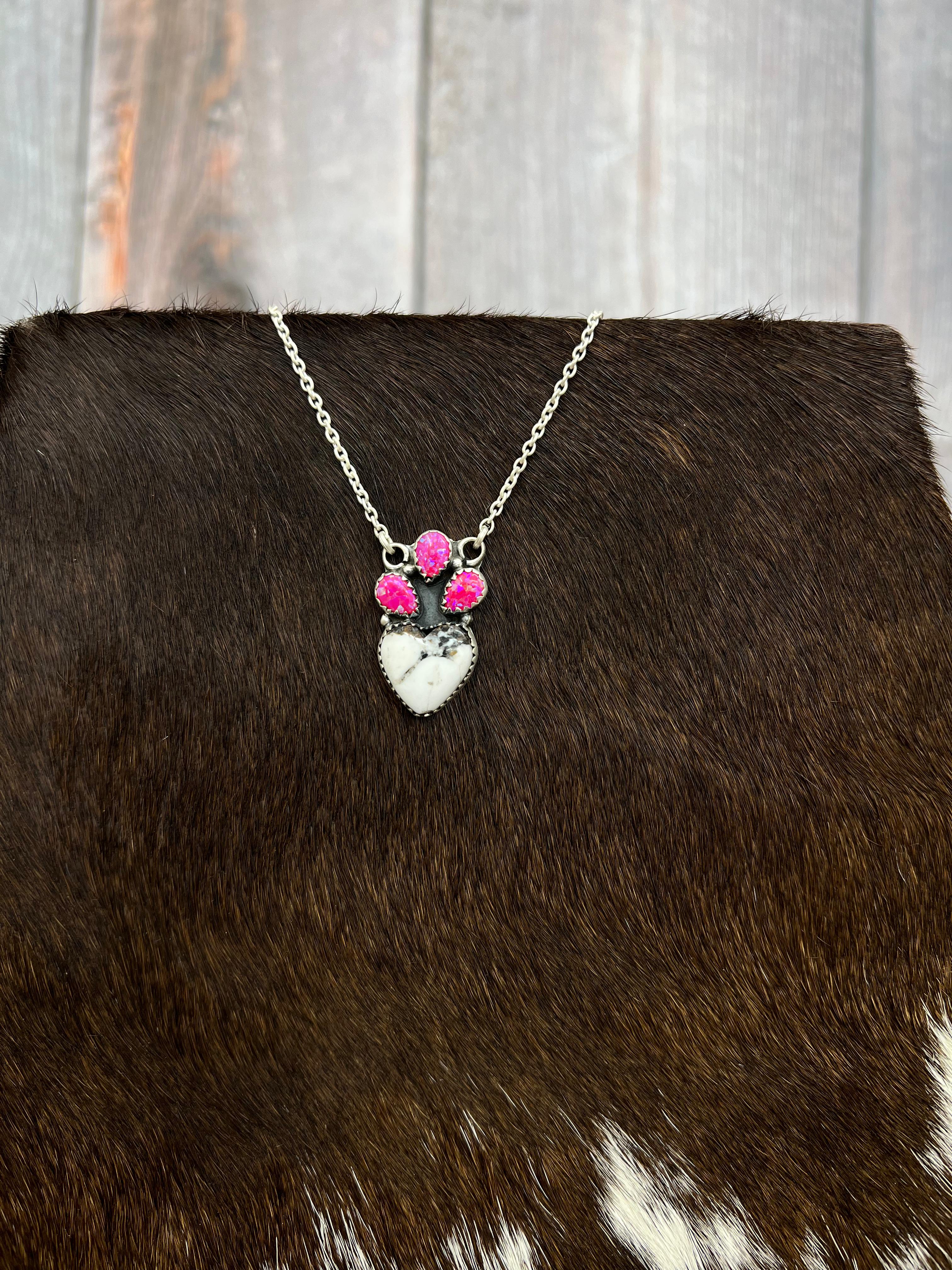 Handmade Sterling Silver Hot Pink, White Buffalo Turquoise Necklace with Signed Nizhoni