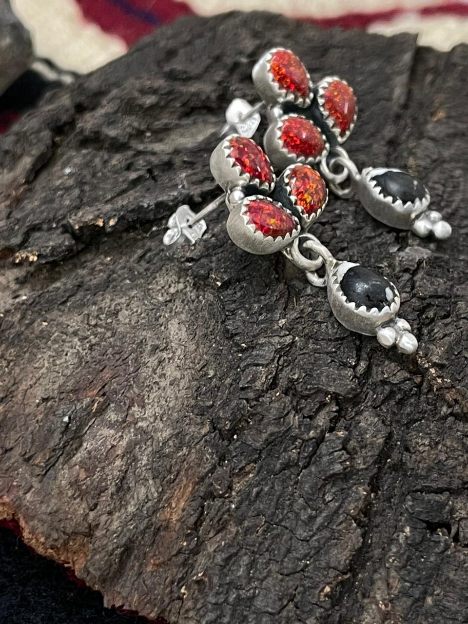 "Christmas Collection" Handmade Sterling Silver White Buffalo with Red Opal Dangle Earrings "Signed Nizhoni"
