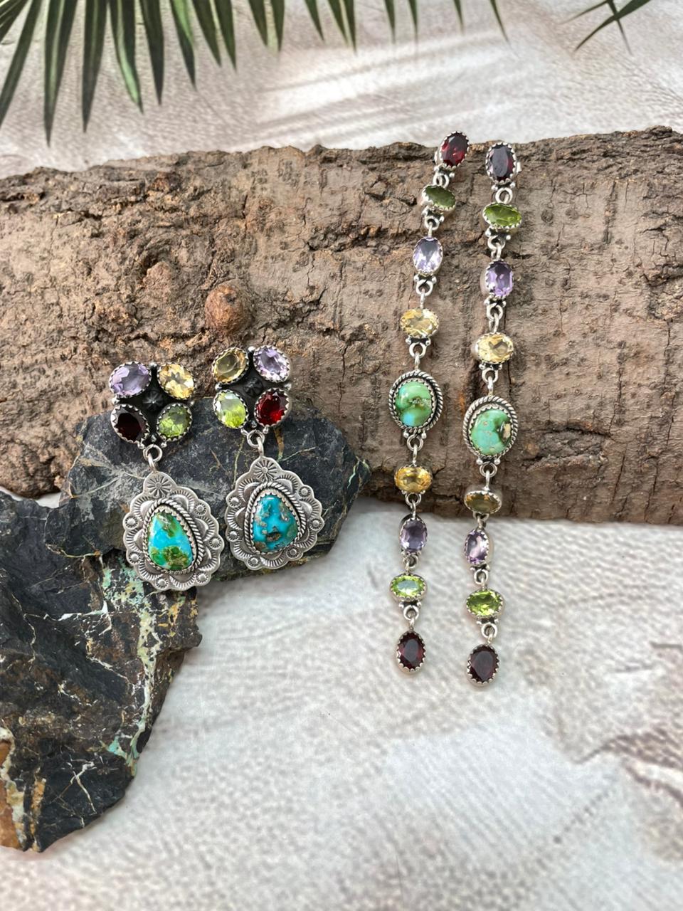 Handmade Sterling Silver Sonoran with Cut Stones Post Dangle Earrings "Signed Nizhoni"