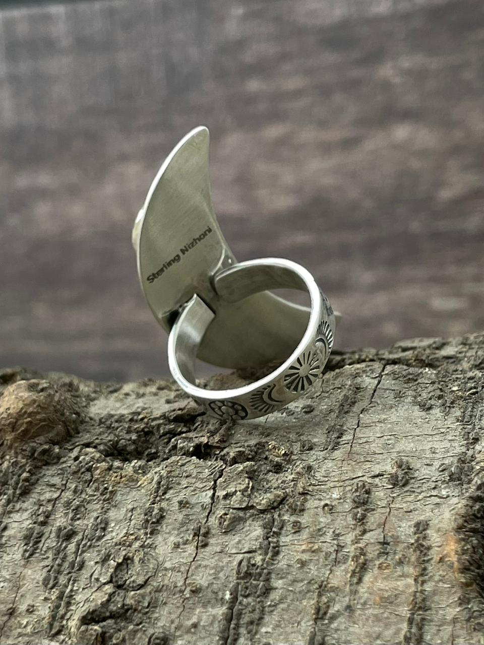 Handmade Sterling Silver Kingman Turquoise Moon Adjustable Ring "Signed Nizhoni"