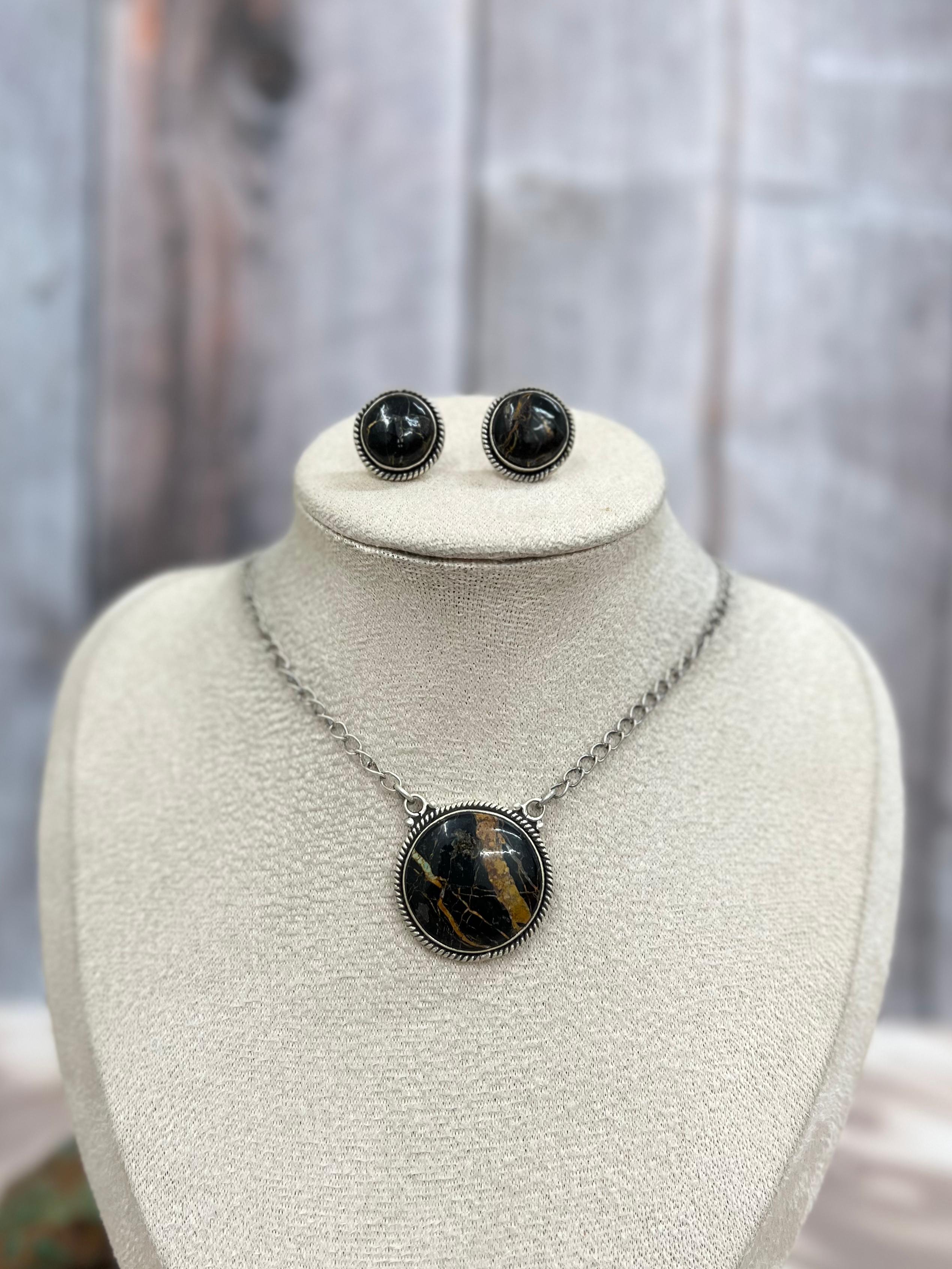 Handmade Sterling Silver Blackjack Turquoise Necklace Earrings Set with Signed Nizhoni