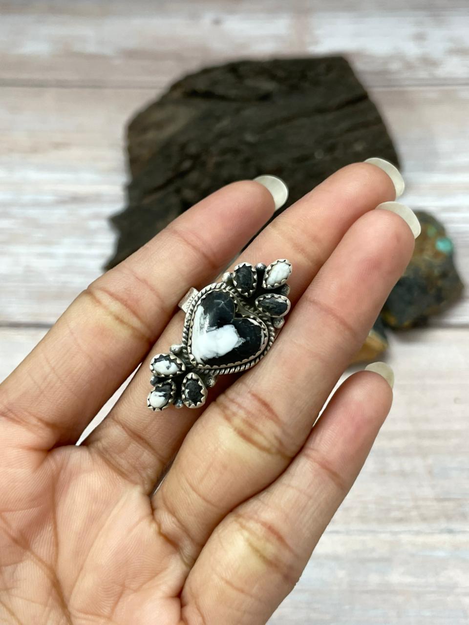 Handmade Sterling Silver White Buffalo Adjustable Ring "Signed Nizhoni"