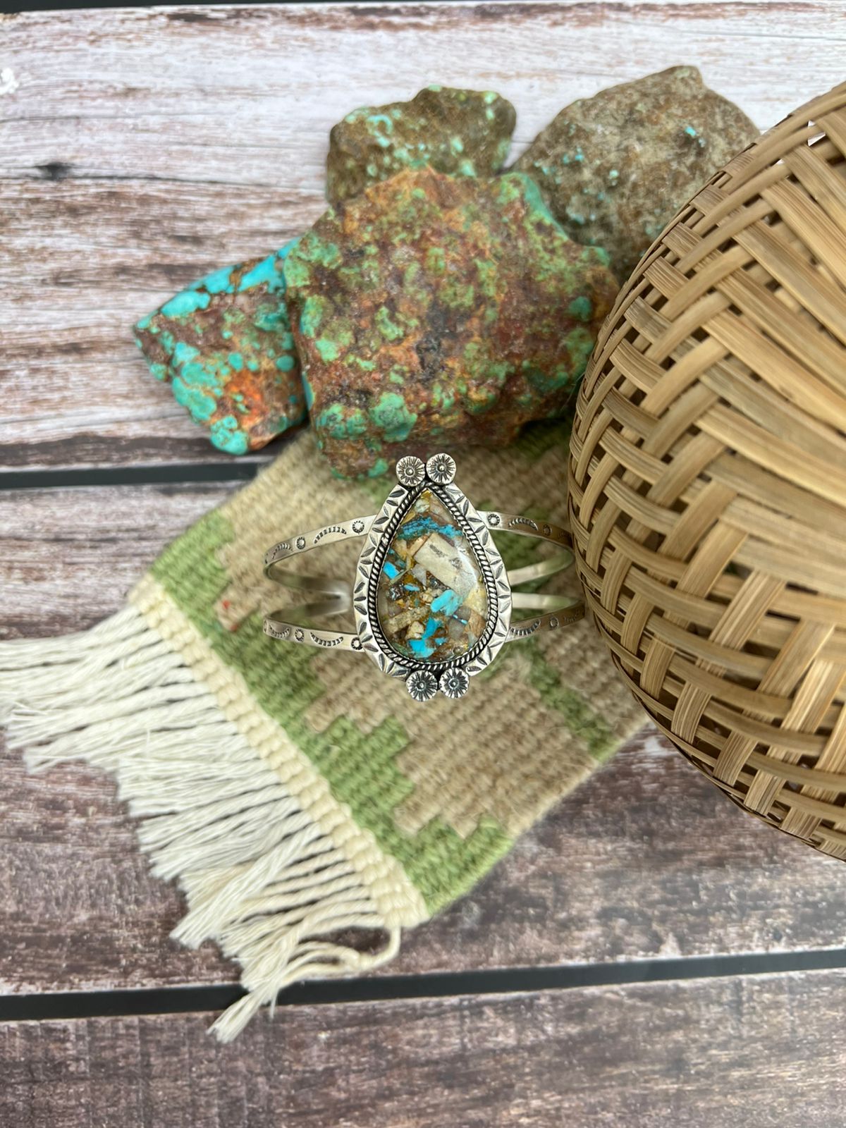 Handmade Sterling Silver Royston Turquoise Cuff Bracelet with Signed Nizhoni