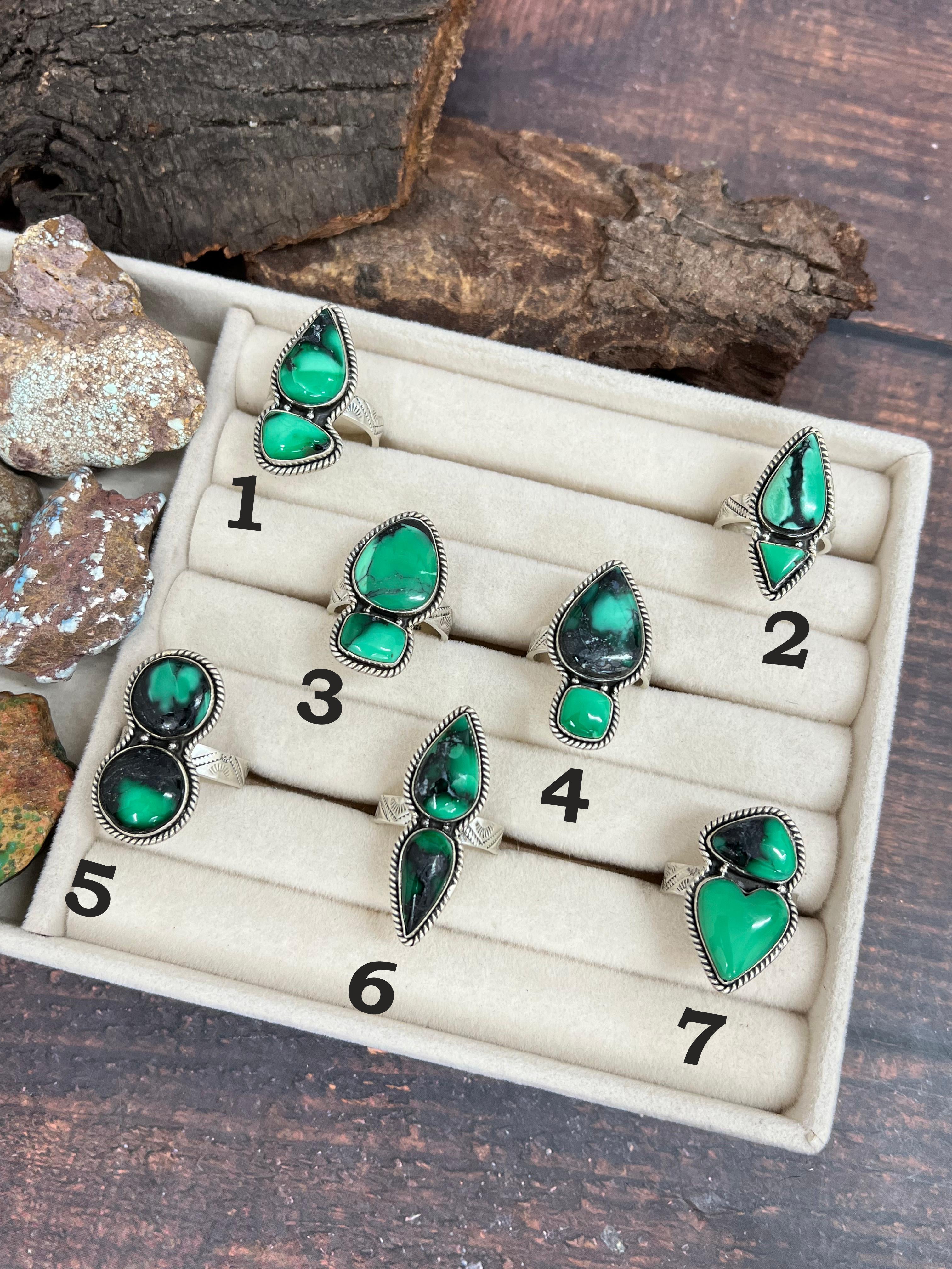 Handmade Sterling Silver Emerald Rose Variscite Adjustable Ring Signed Nizhoni