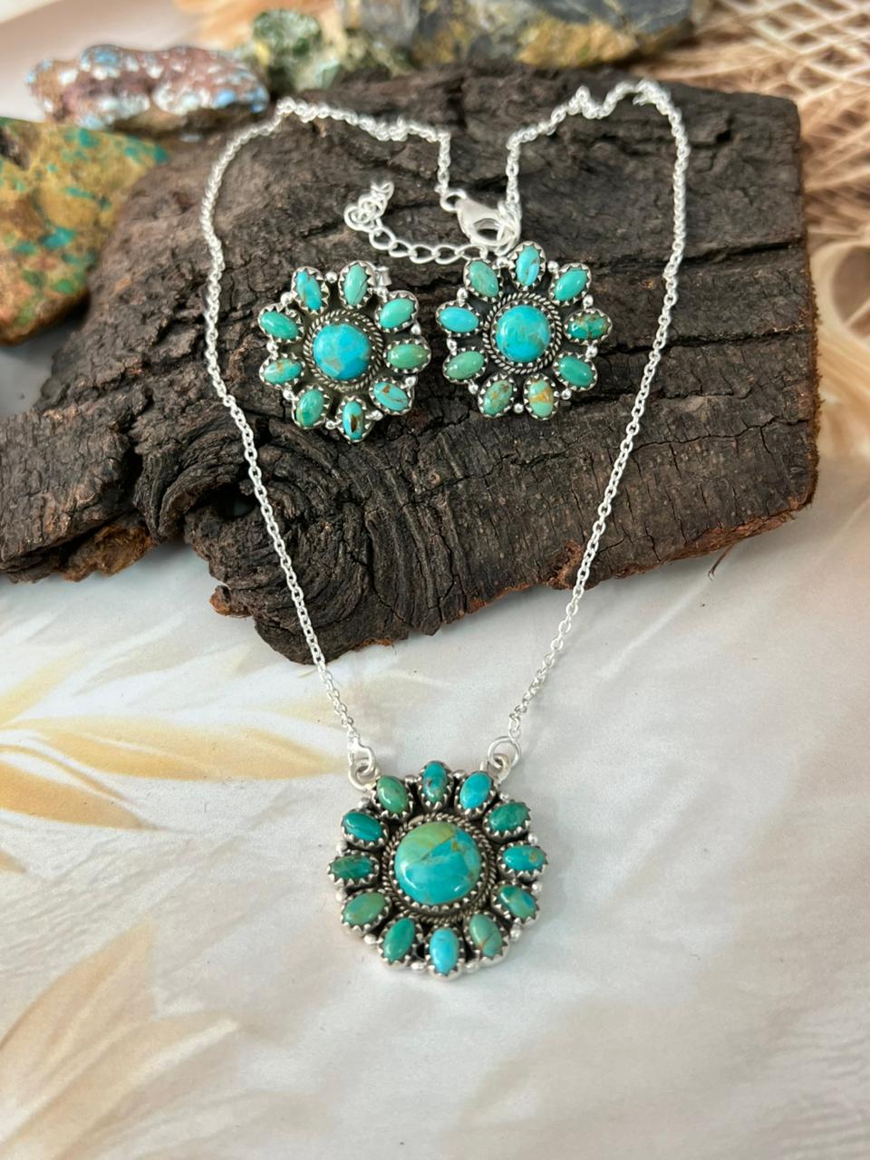 Handmade Sterling Silver Kingman Turquoise Necklace Earrings Set "Signed Nizhoni"