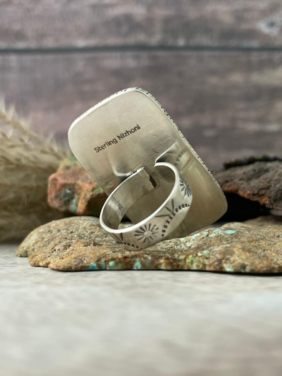 Handmade Sterling Silver Golden Hills Turquoise Adjustable Ring "Signed Nizhoni"