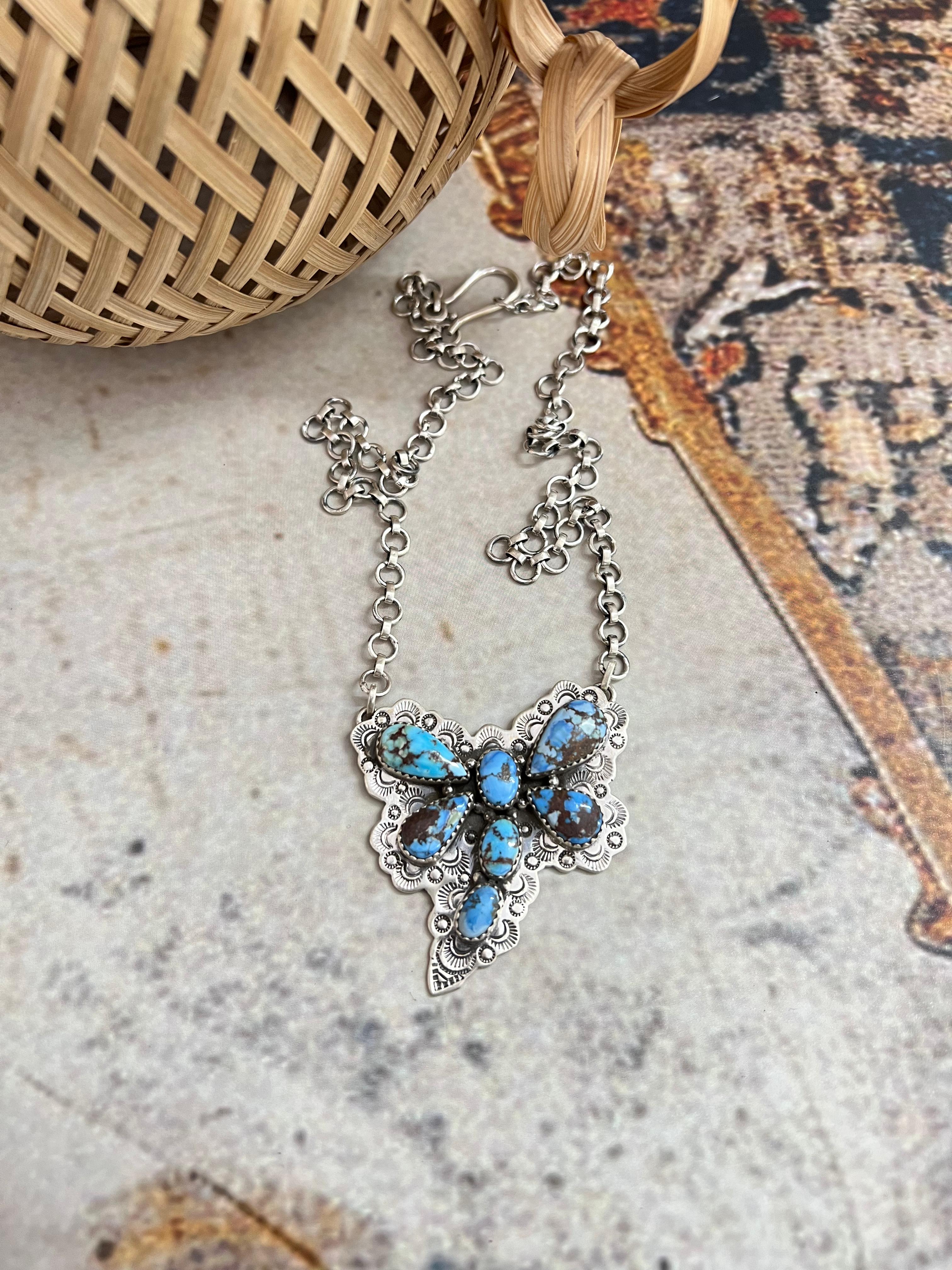 Handmade Sterling Silver Golden Hills Turquoise Dragonfly Necklace with Signed Nizhoni