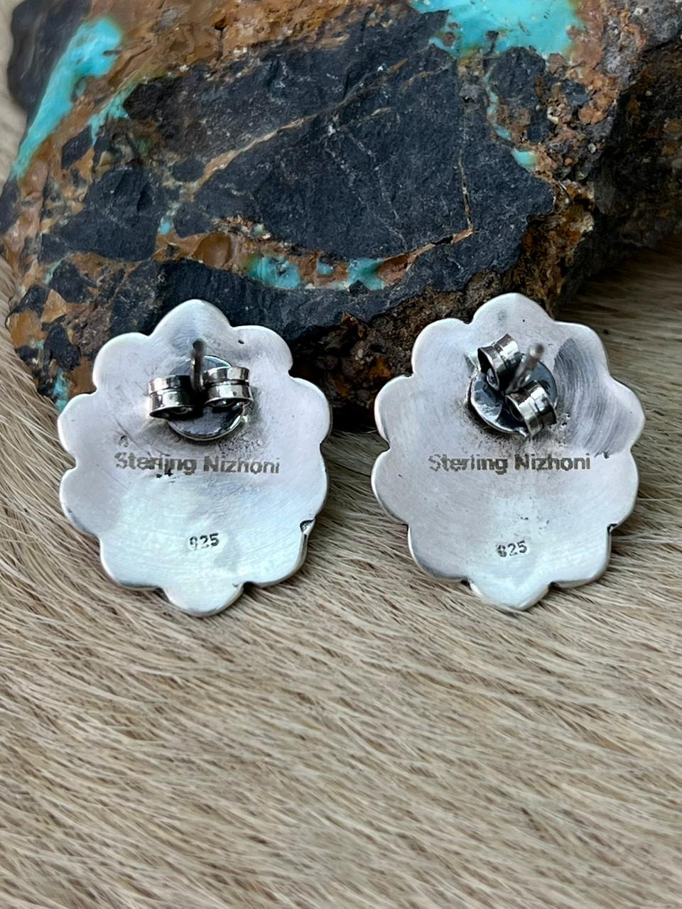 Handmade Sterling Silver Kingman Turquoise Post Studs Earrings "Signed Nizhoni"