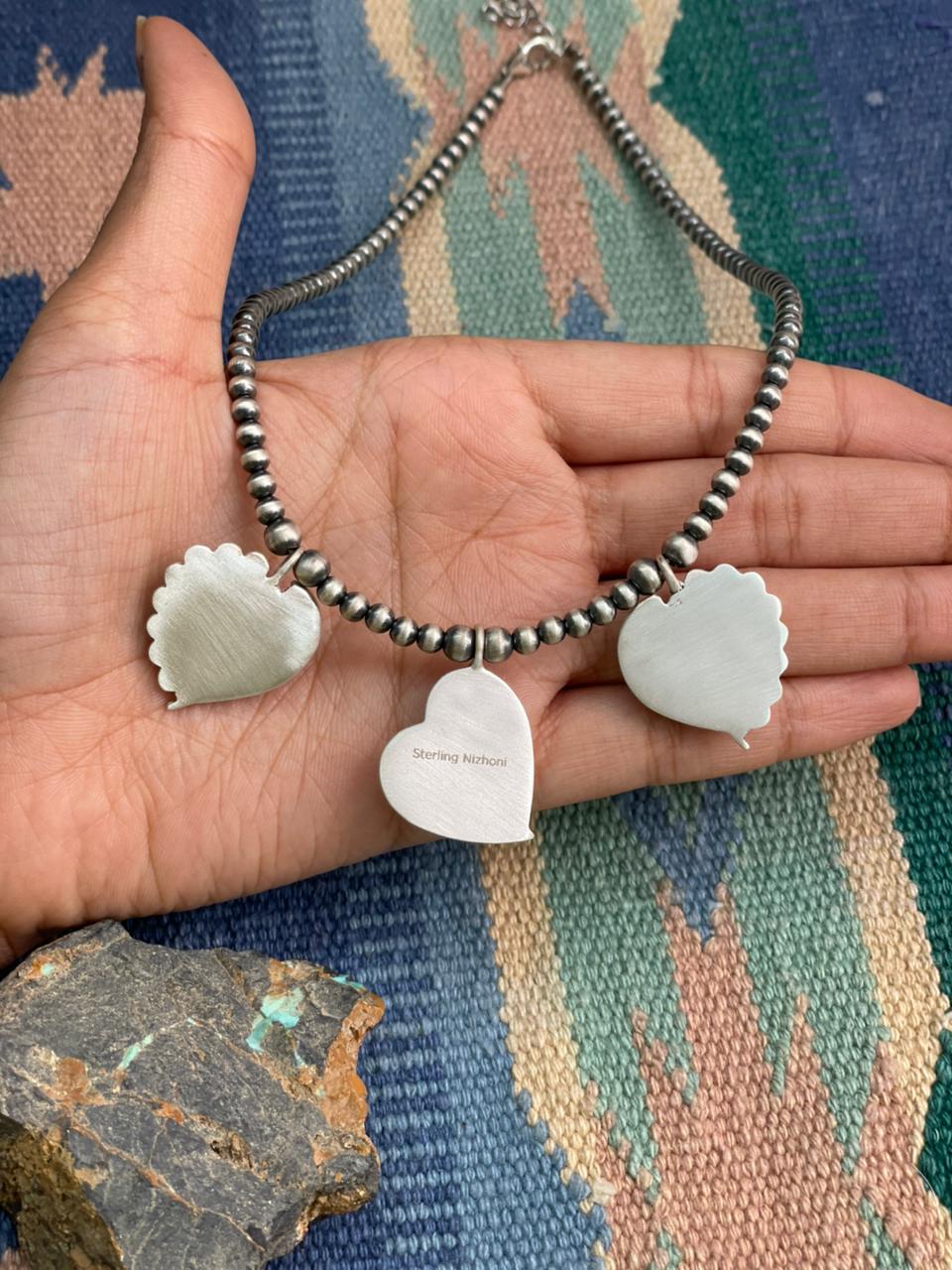 Handmade Sterling Silver White Buffalo with Hot Pink Beaded Heart Necklace "Signed Nizhoni"