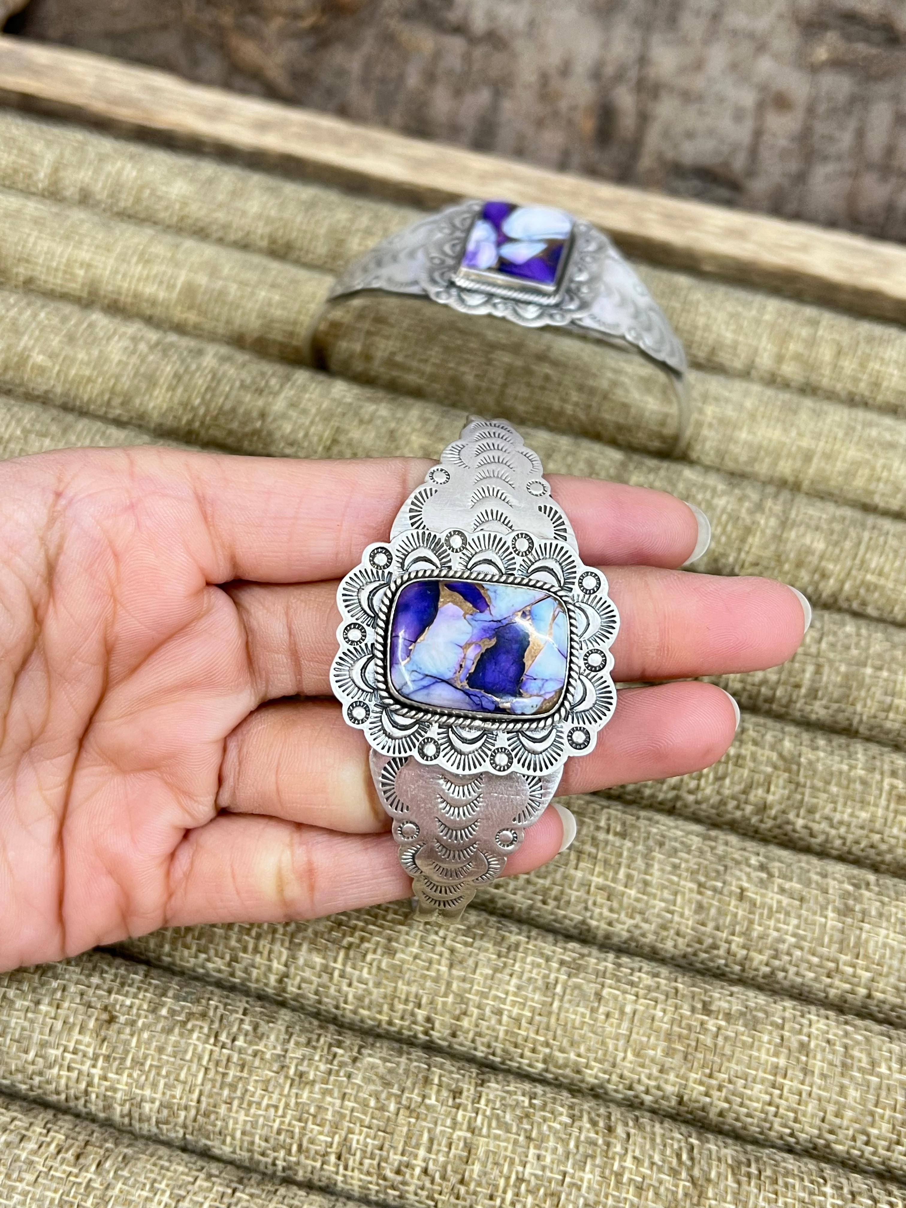 Handmade Sterling Silver Purple Ice Rose Dahlia Cuff Bracelet with Signed Nizhoni