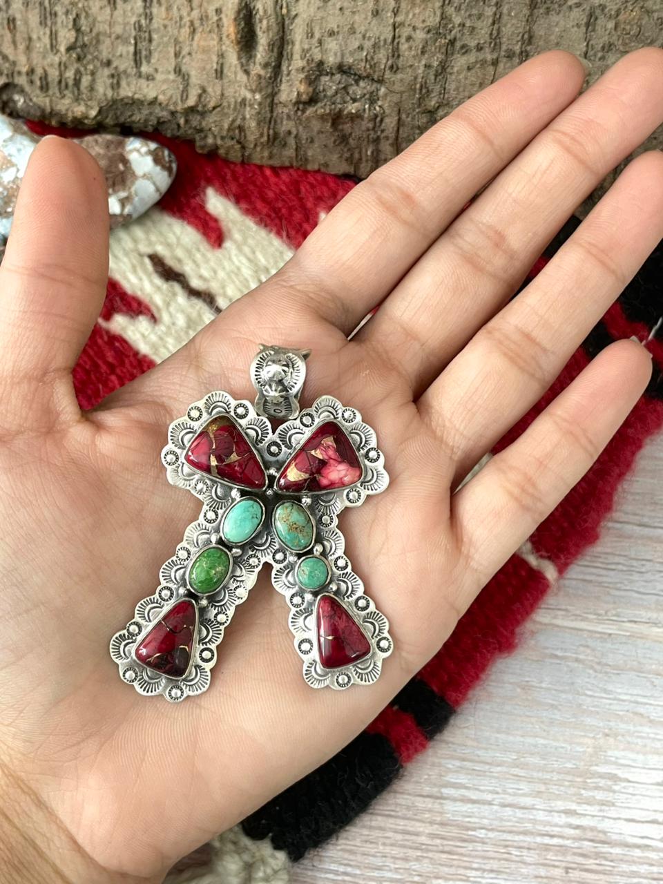 Handmade Sterling Silver Dahlia Rose with Emerald Valley Turquoise Pendant "Signed Nizhoni"