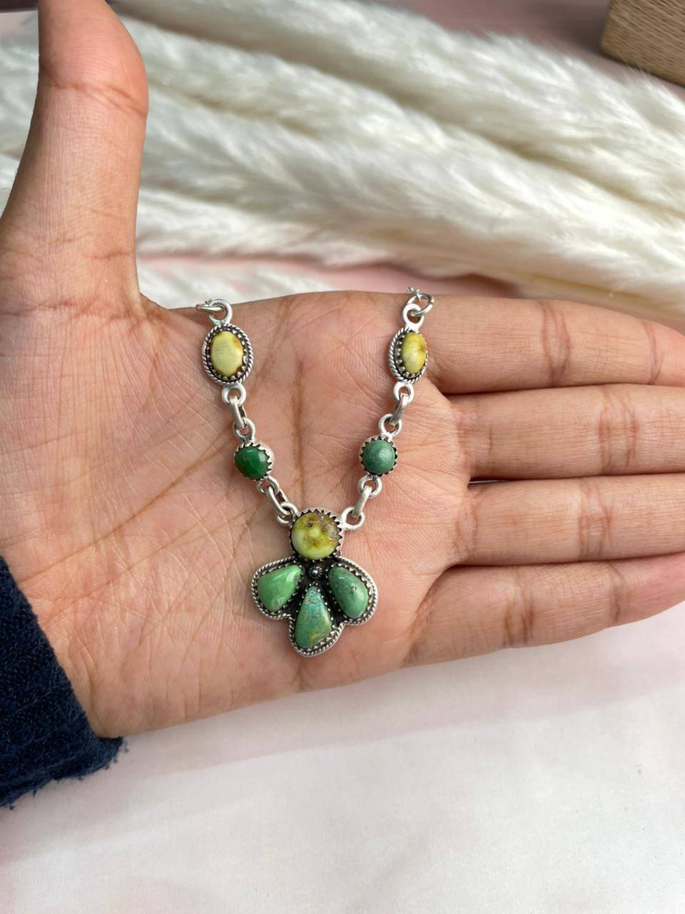 Handmade Sterling Silver Emerald Valley with Palomino Turquoise Necklace "Signed Nizhoni"