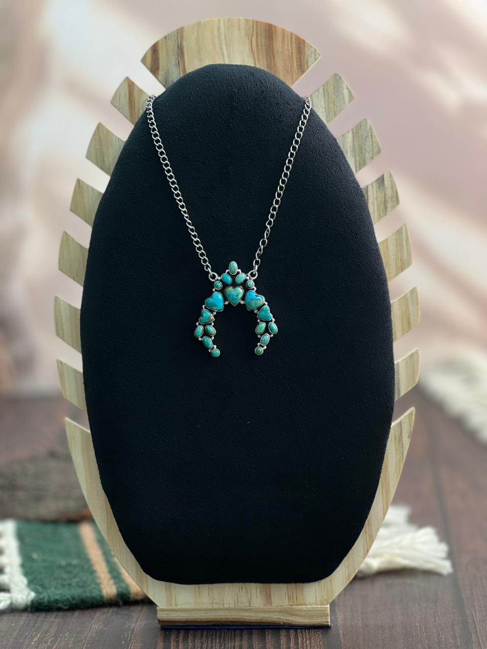 "Heart Collection" Handmade Sterling Silver Kingman Turquoise Necklace "Signed Nizhoni"