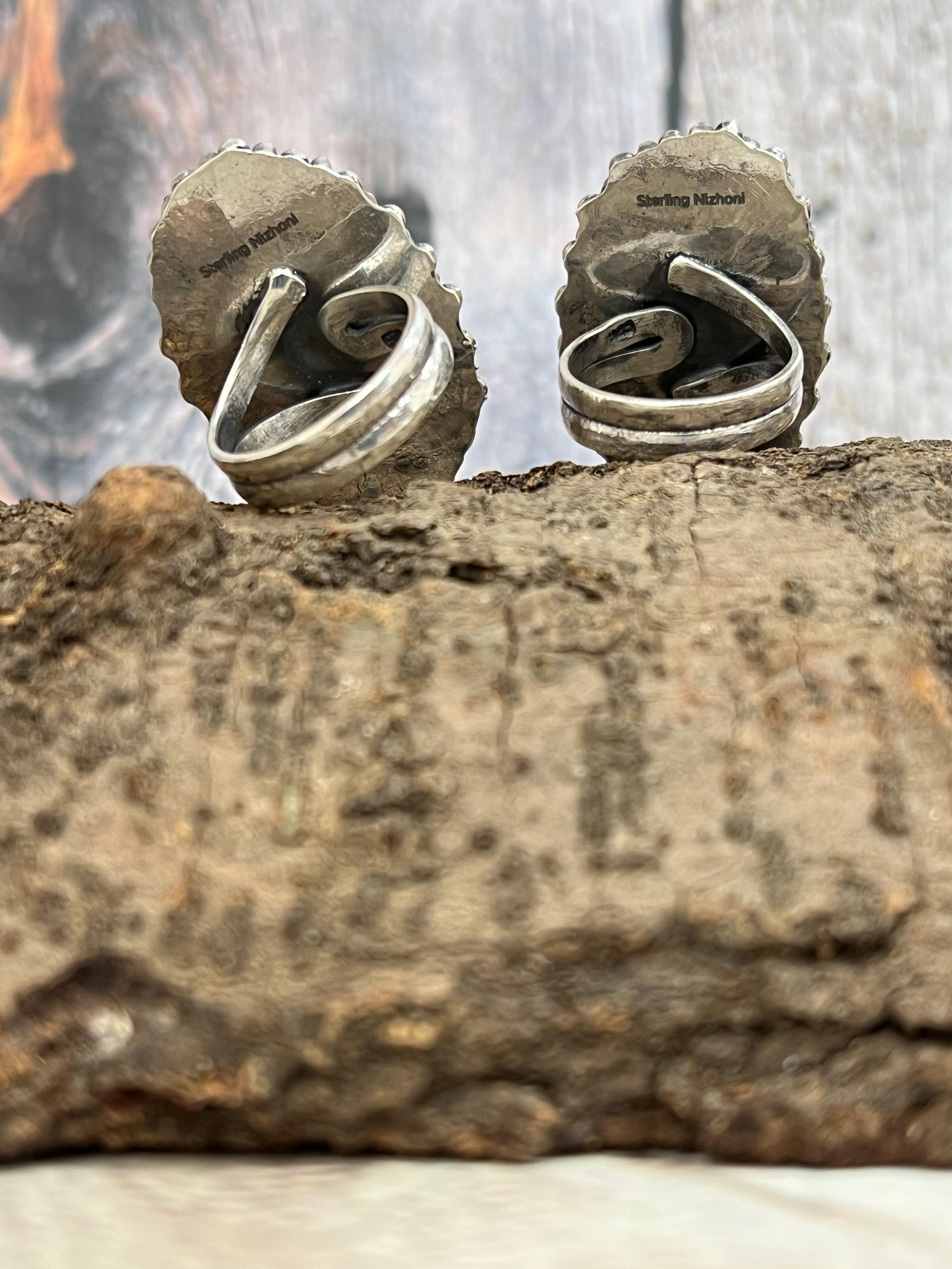 Handmade Sterling Silver White Buffalo, Kingman Turquoise Adjustable Ring, Signed Nizhon