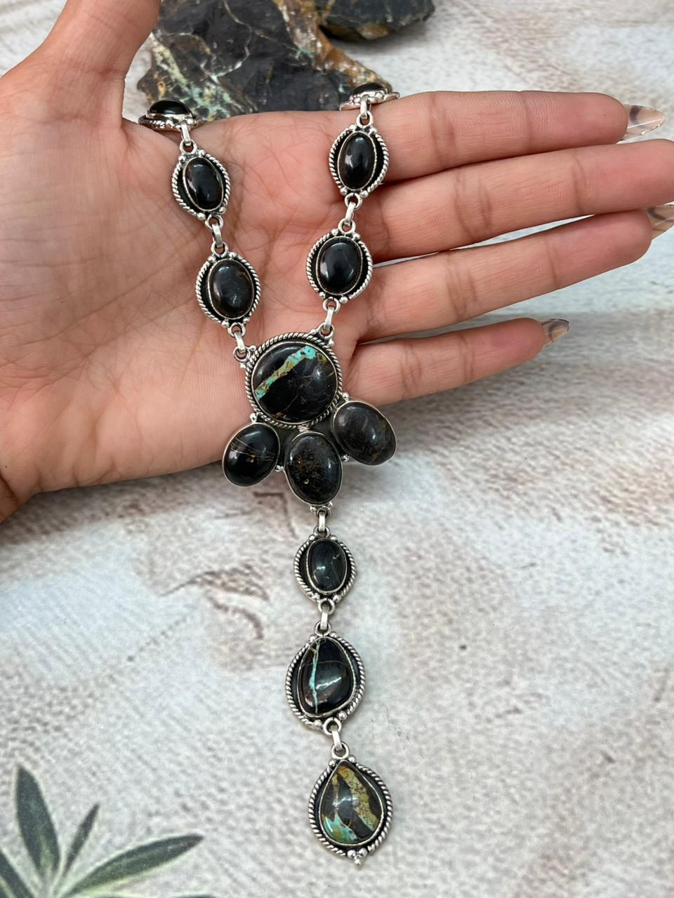 Handmade Sterling Silver Blackjack Turquoise Drop Necklace "Signed Nizhoni"