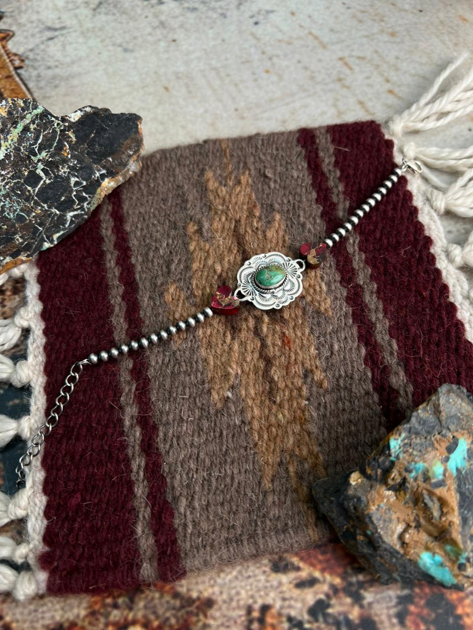 Handmade Sterling Silver Dahlia Rose with Emerald Valley Turquoise Beaded Bracelet "Signed Nizhoni"