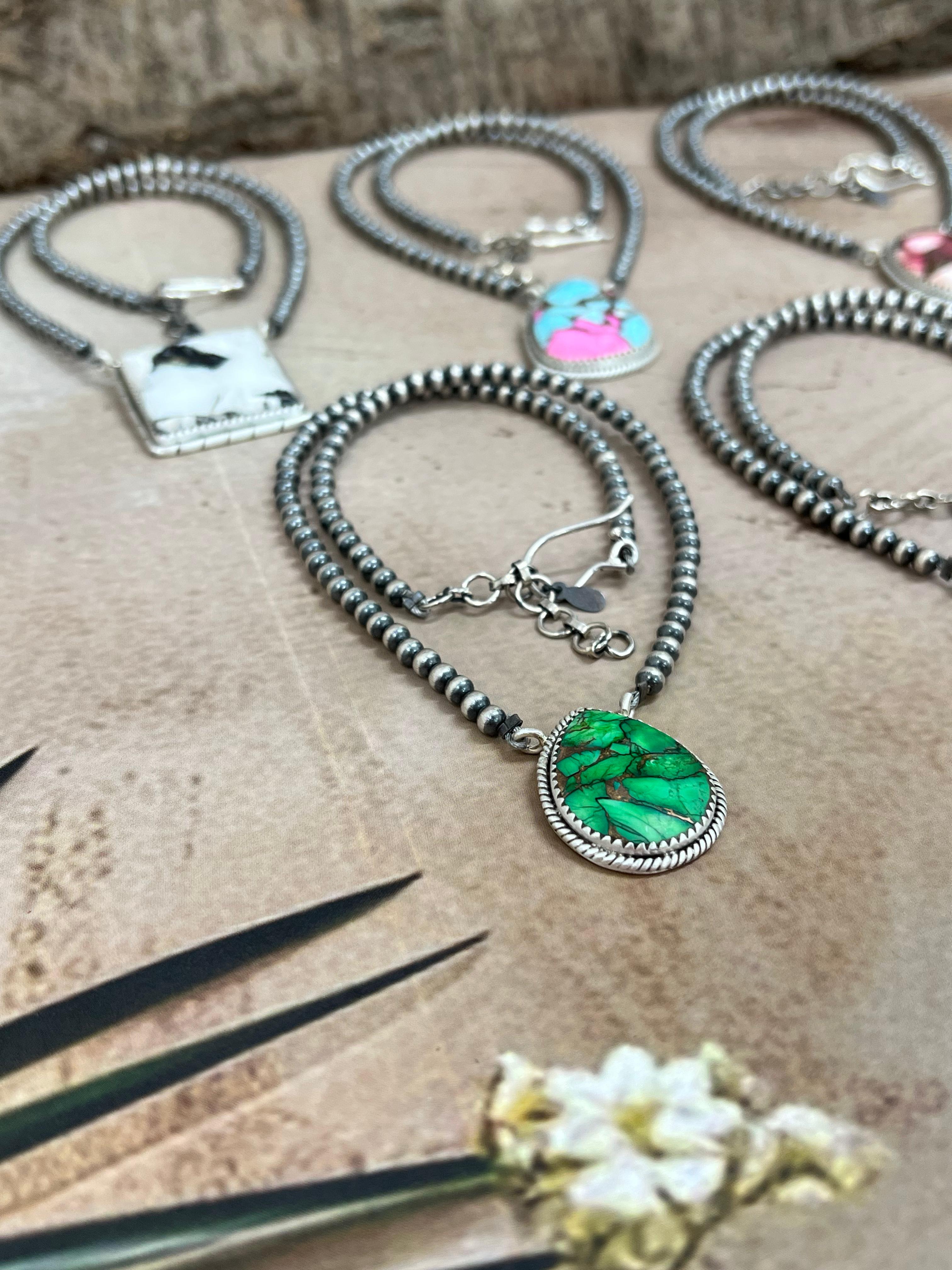 Handmade Sterling Silver Multi Stone Beaded Necklace, Signed Nizhoni