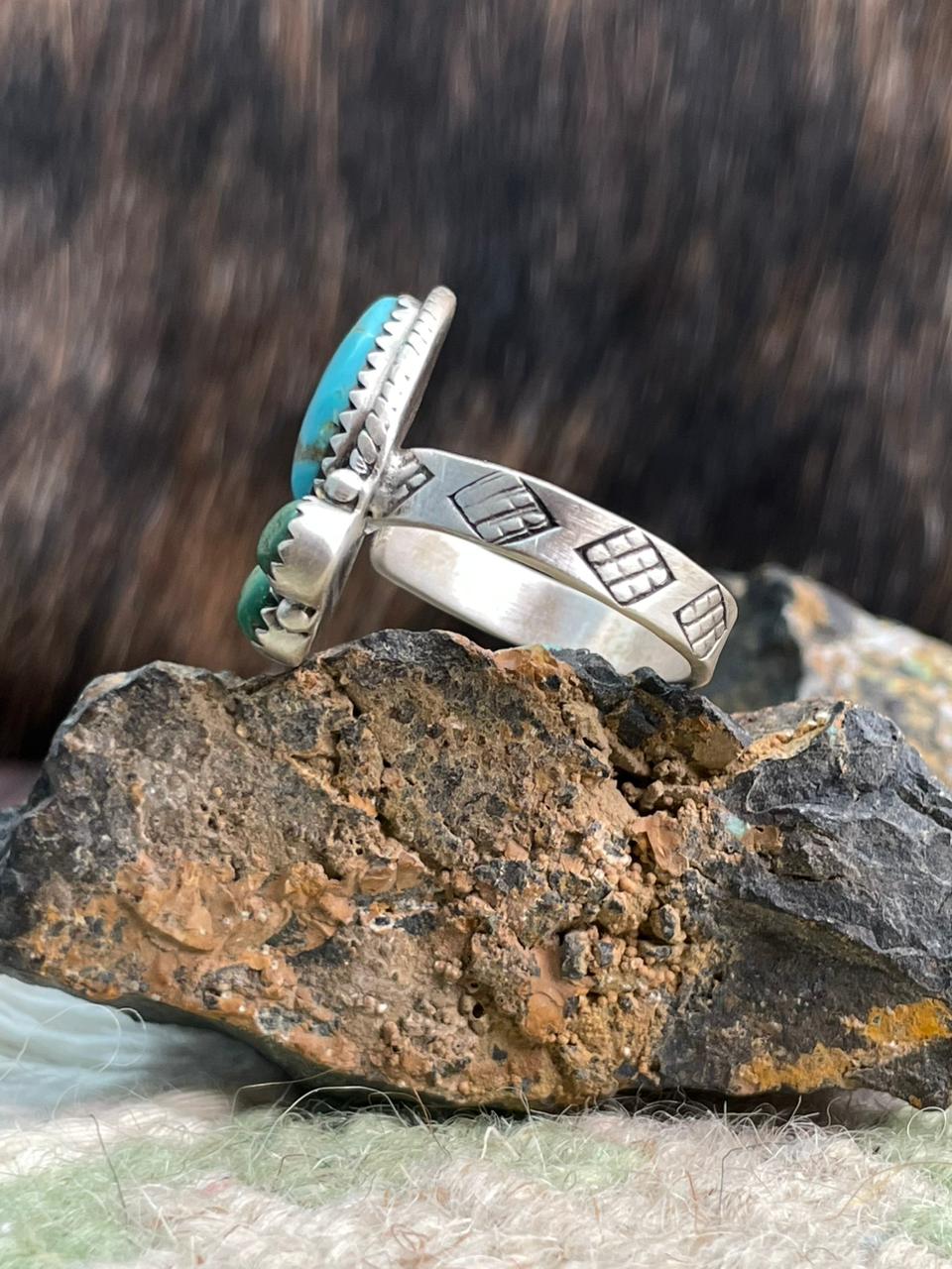 Handmade Sterling Silver Emerald Valley with Santa Maria Turquoise Adjustable Ring "Signed Nizhoni"