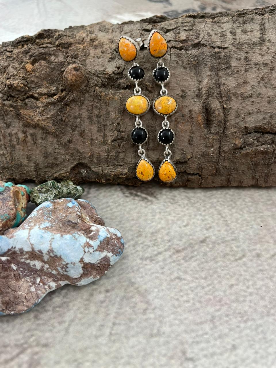 Handmade Sterling Silver Bumblebee with Black Onyx Post Dangle Earrings with Signed Nizhoni