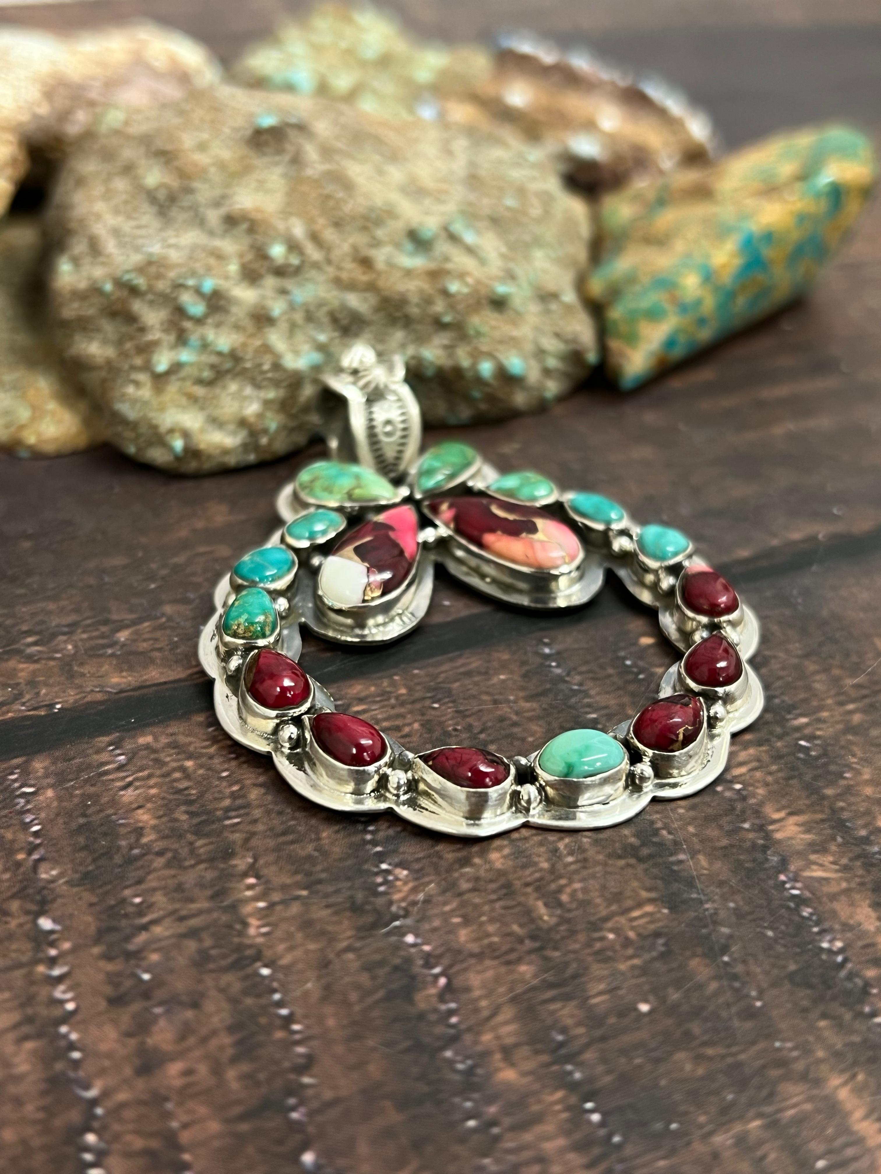 Handmade Sterling Silver Dahlia Rose with Emerald Valley Pendant, Signed Nizhoni