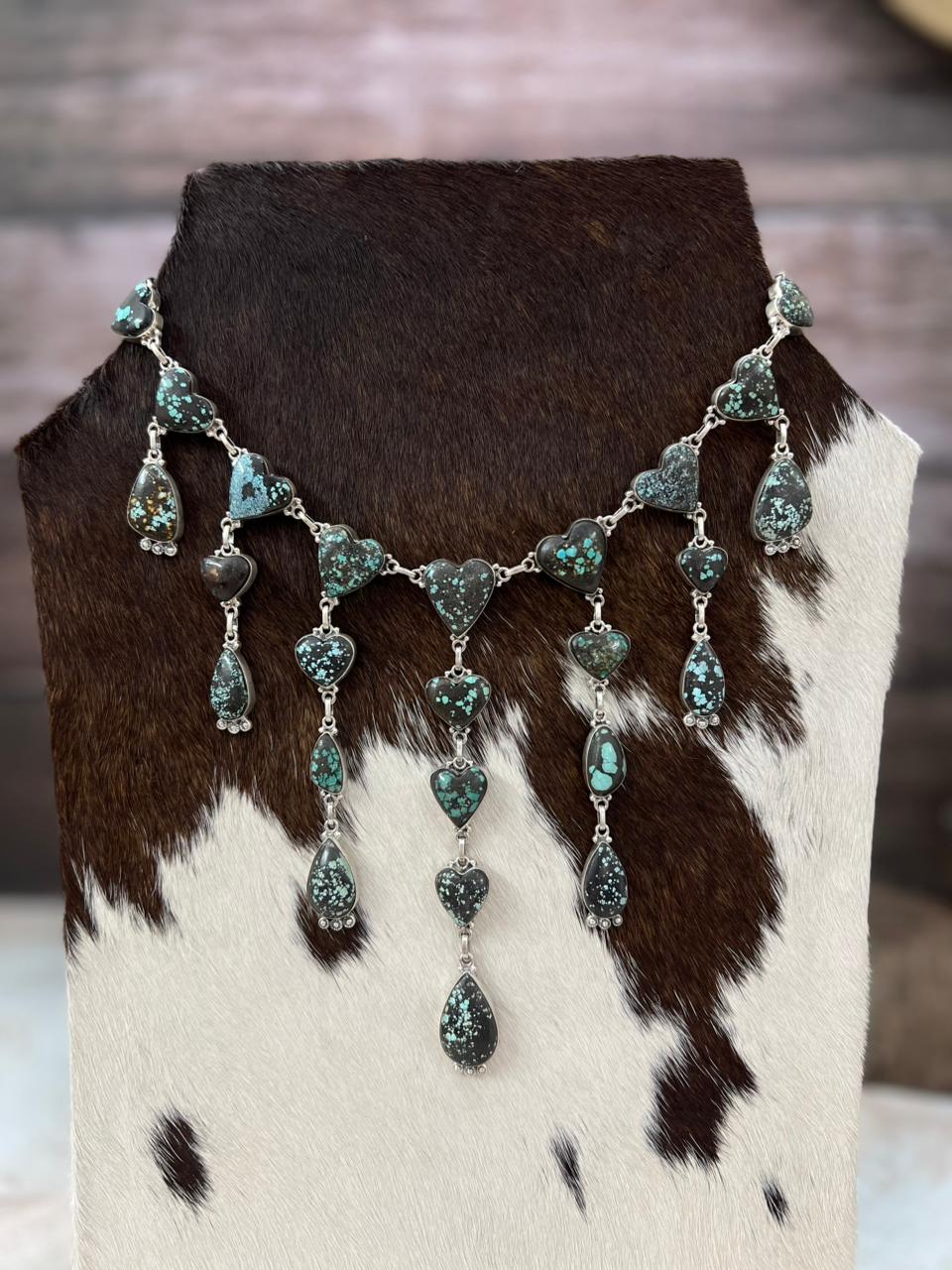 Handmade Sterling Silver Lander Turquoise Necklace with Signed Nizhoni