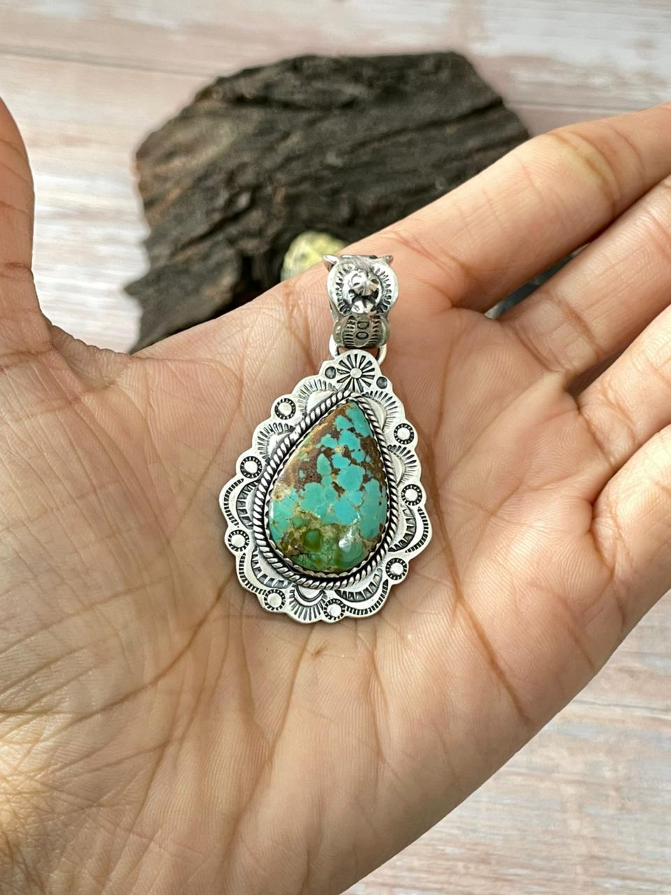 Handmade Sterling Silver Mantis Turquoise Pendant " Signed Nizhoni"