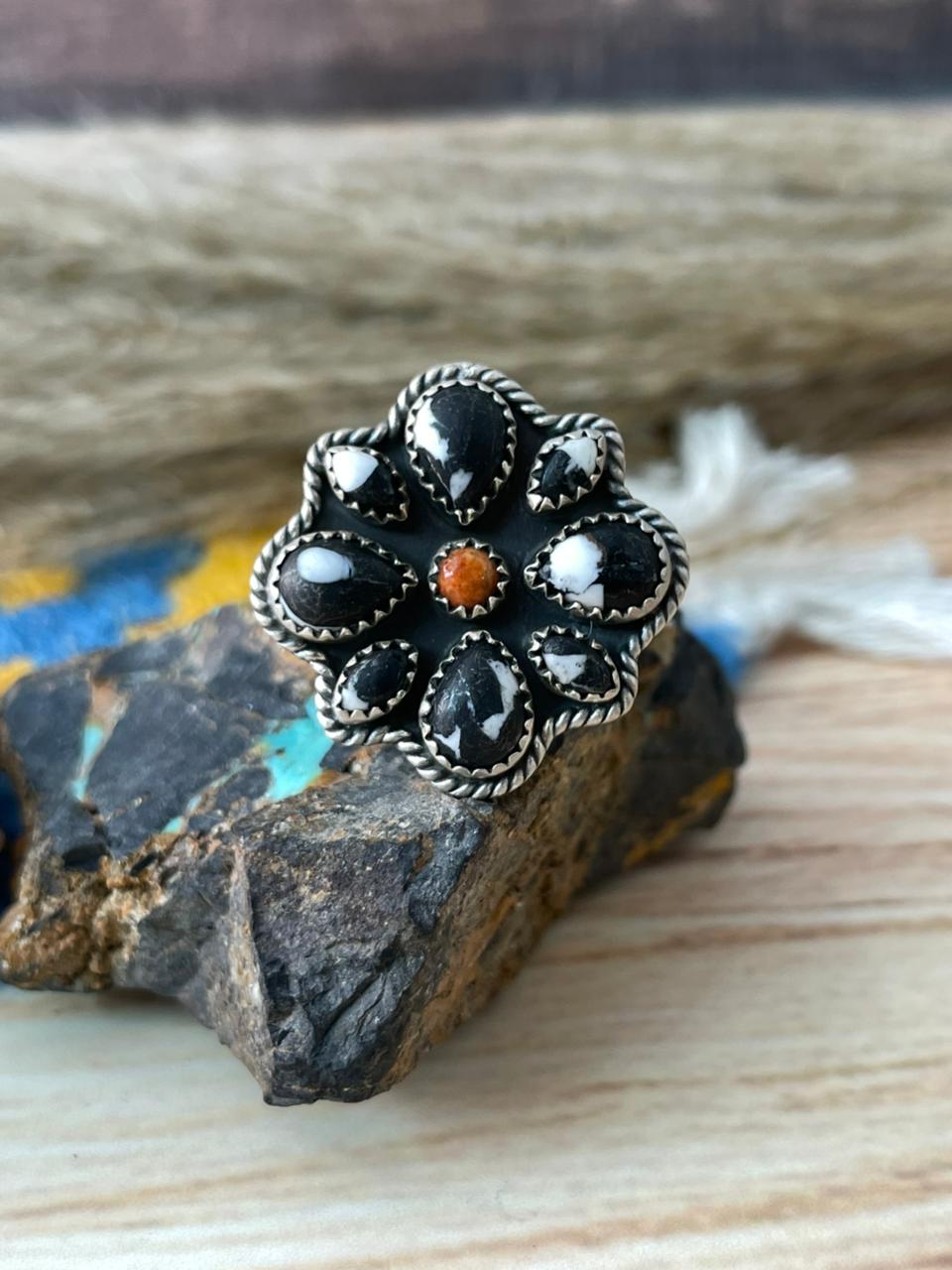 Handmade Sterling Silver White Buffalo with Orange Mojave Adjustable Ring "Signed Nizhoni"